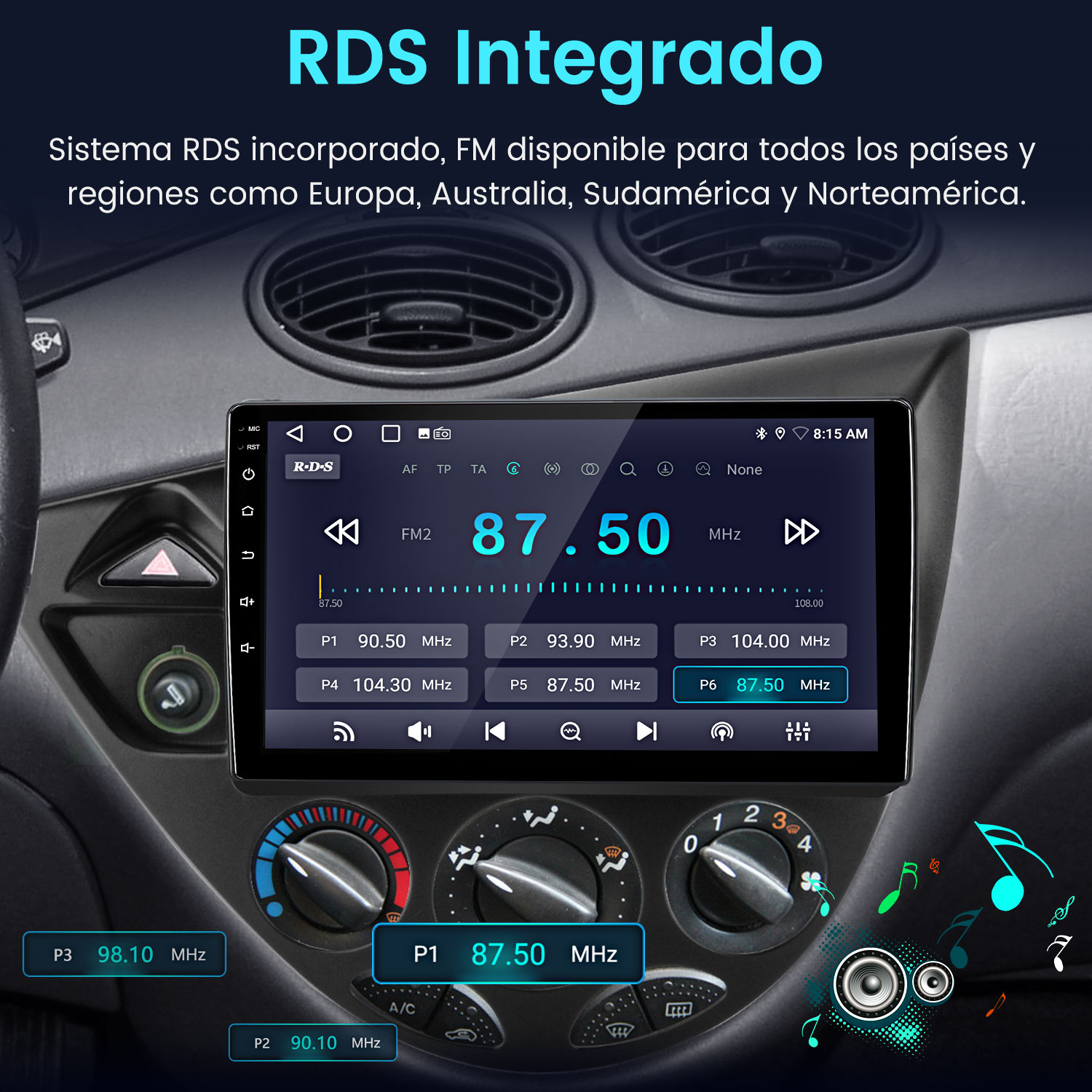 Pantalla de radio del coche que muestra FM 87.50 MHz. El texto superior dice RDS Integrado. Se ven otros botones y controles.