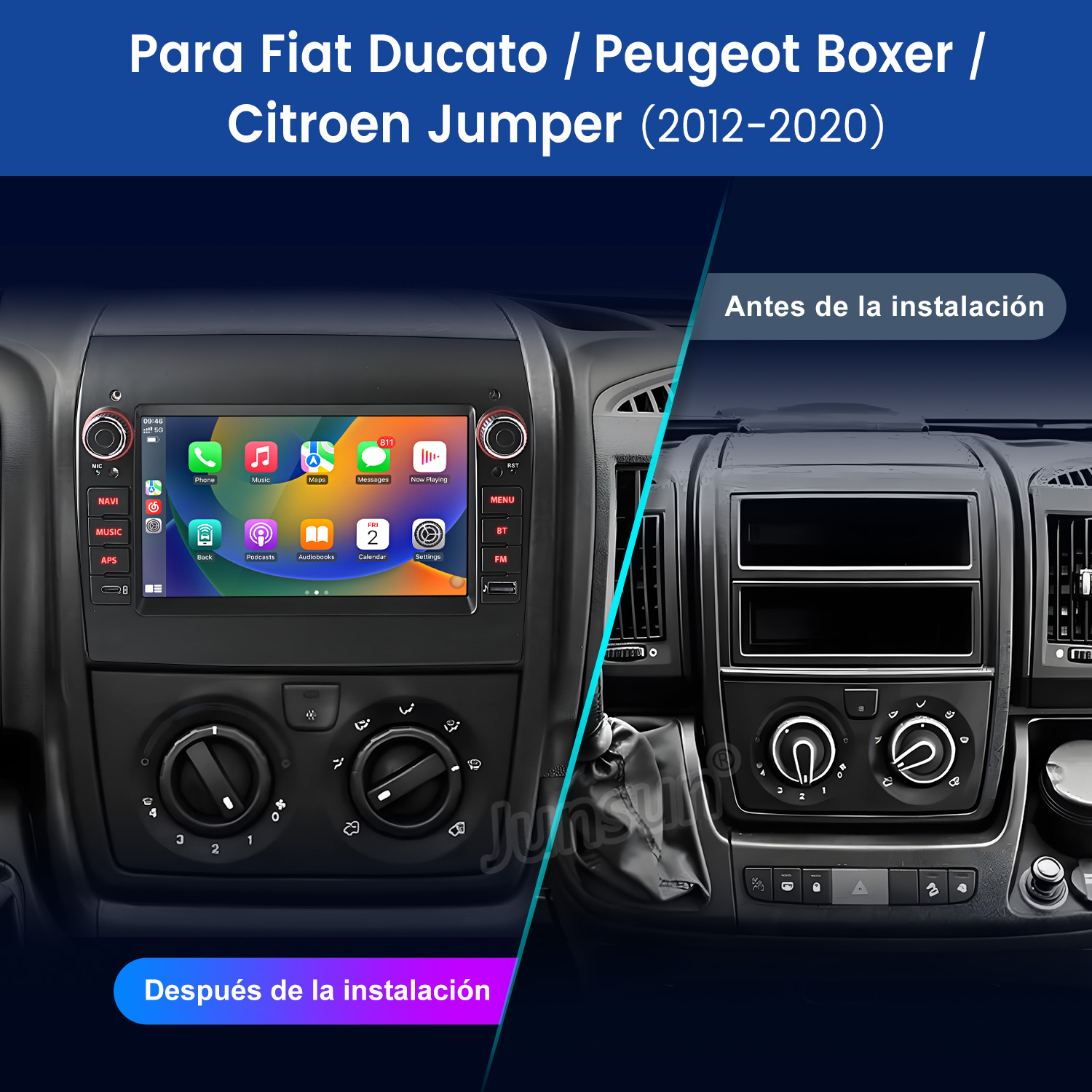 Comparación del salpicadero del coche antes y después de instalar un nuevo sistema multimedia, mostrando la pantalla y los controles actualizados.
