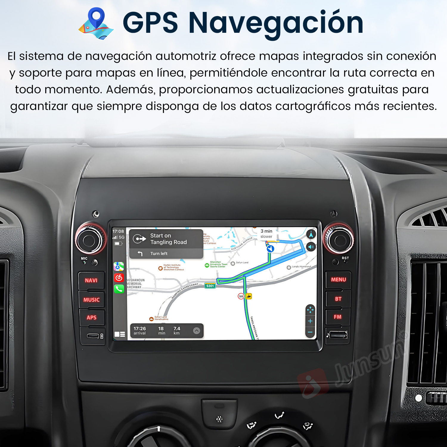 Pantalla del sistema de navegación del coche que muestra un mapa y direcciones GPS. Botones de música, radio y otras funciones del coche.