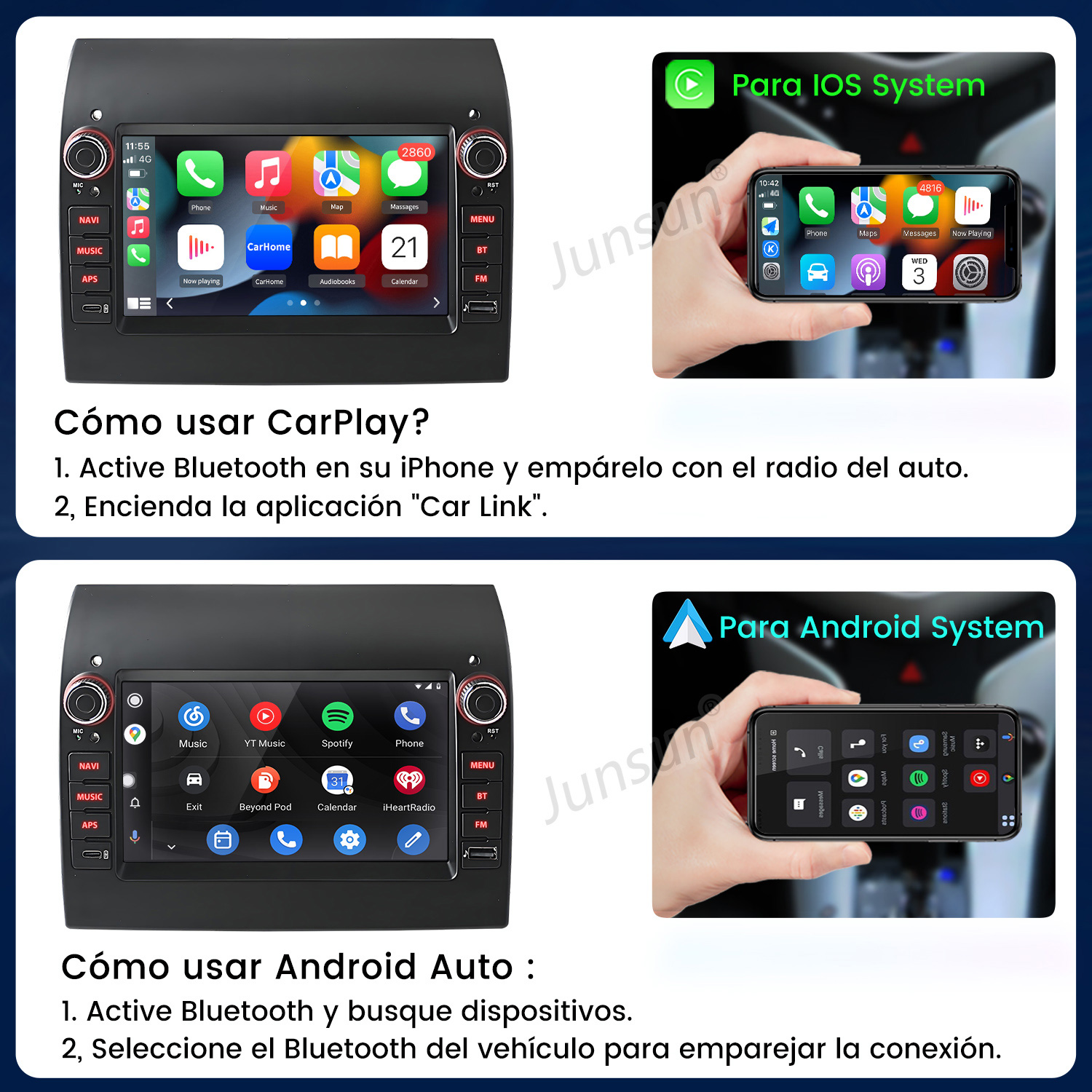 La imagen muestra un estéreo de coche con pantallas de teléfono que demuestran las instrucciones de configuración de CarPlay y Android Auto.
