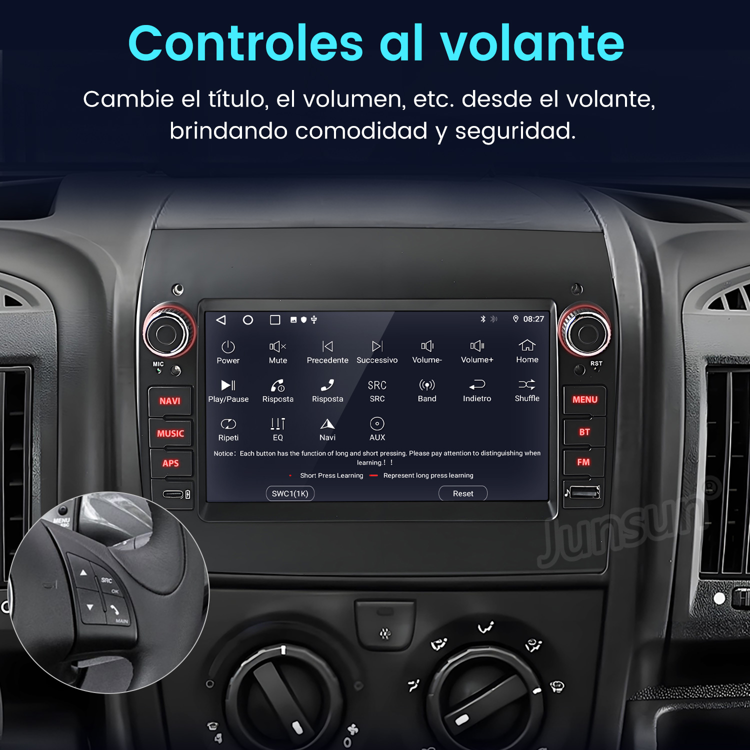 Panel de control del coche con pantalla, botones y controles del volante. Texto dice: 'Controles al volante'.