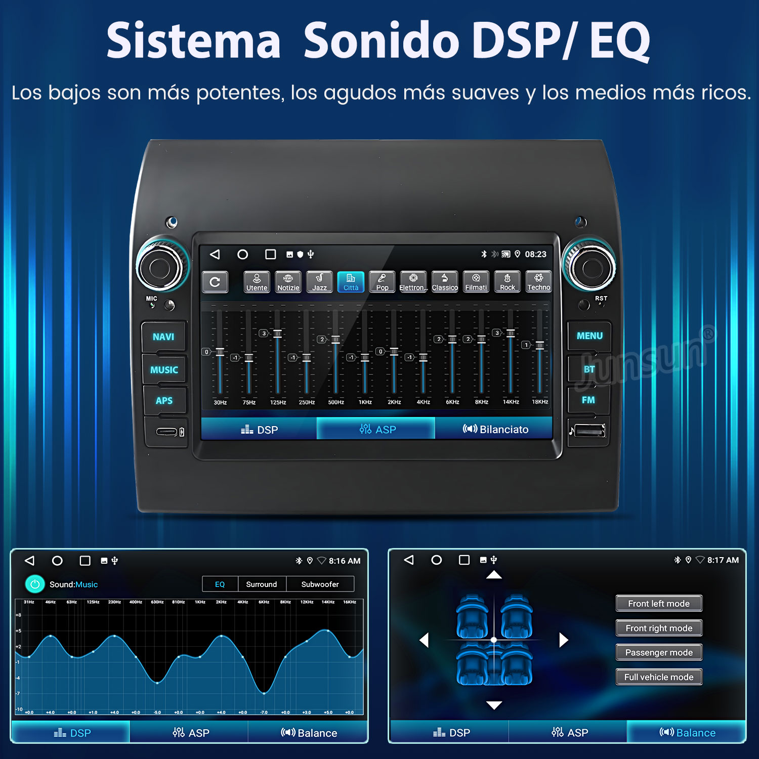Interfaz del sistema de audio del coche. Muestra la configuración del ecualizador y el balance de los altavoces. Botones de menú y controles de sonido visibles.