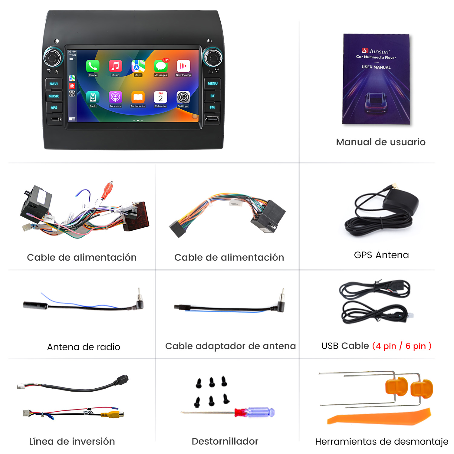 Reproductor multimedia para coche, manual de usuario, cables, antena, antena GPS, cable USB, línea de marcha atrás, destornillador y herramientas de desmontaje.