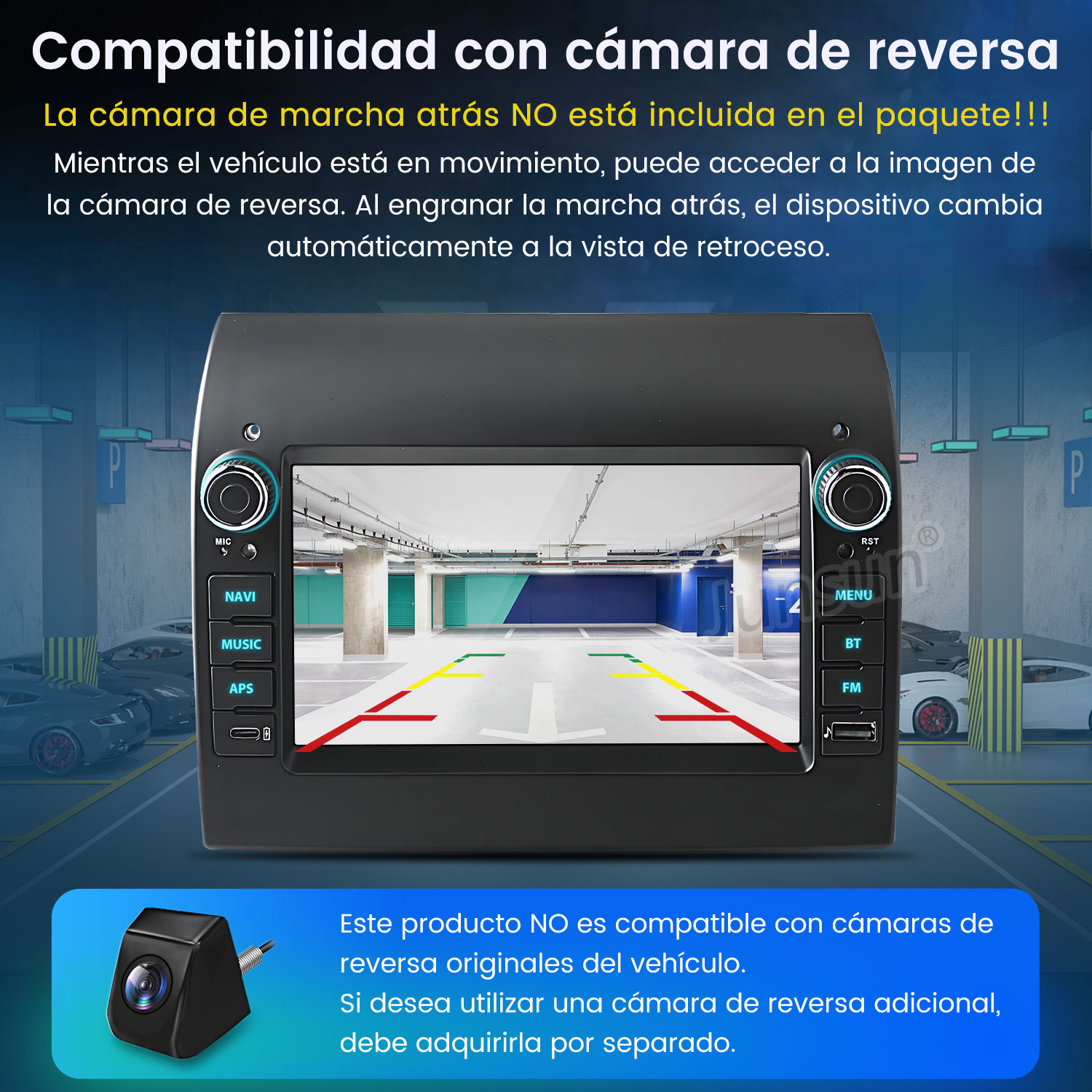 Sistema multimedia de coche mostrando una vista de aparcamiento con cámara. Texto: Compatibilidad con cámara de marcha atrás. No está incluido.