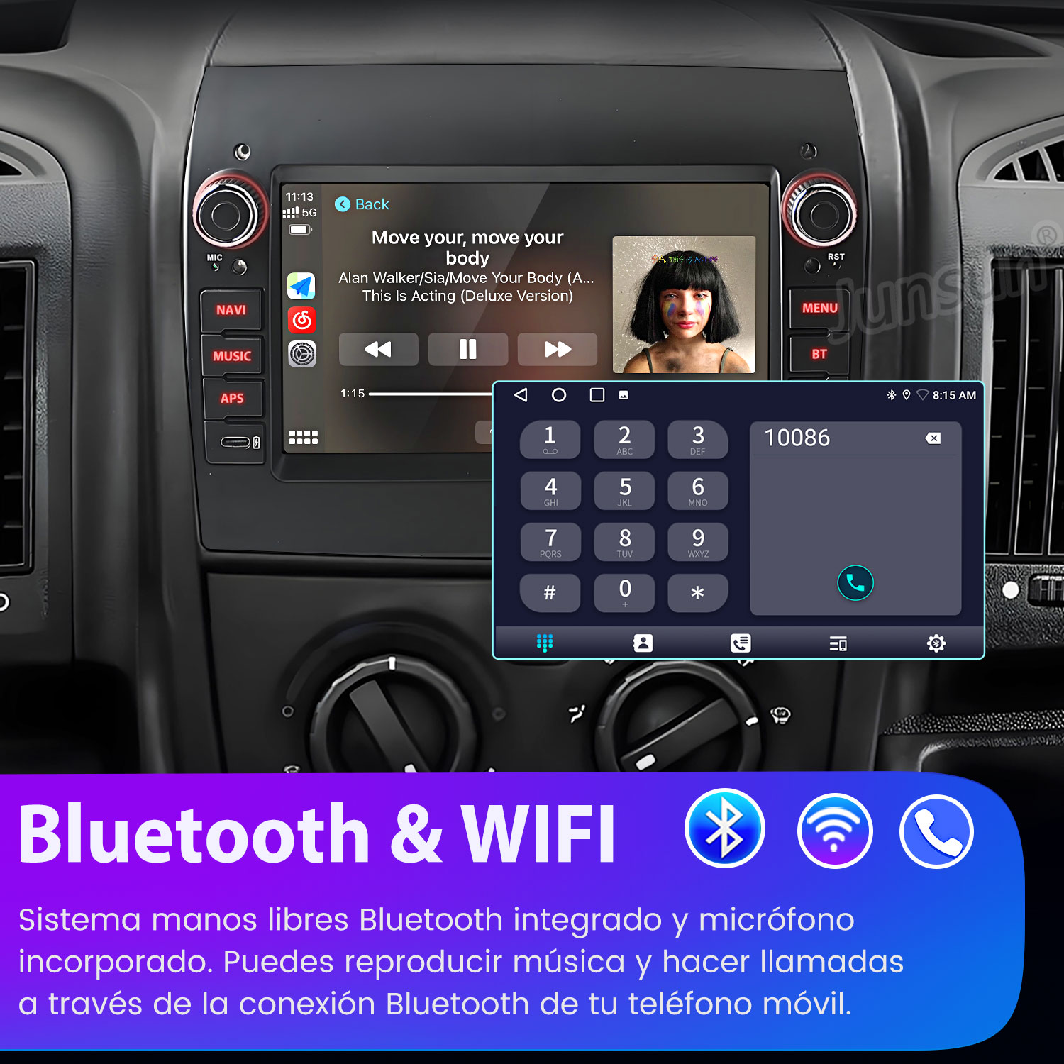 La radio del coche muestra música y un marcador telefónico. Los símbolos de Bluetooth y WiFi están en la parte inferior.