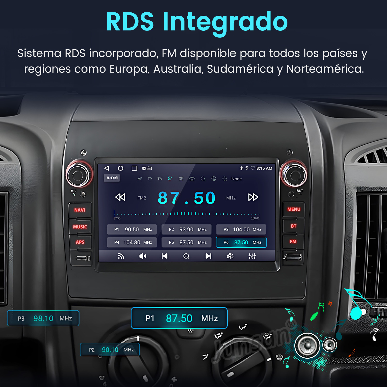 Pantalla de radio de coche que muestra información RDS. Muestra frecuencias y botones para NAVI, MUSIC, APS y FM. El fondo es el salpicadero de un coche.