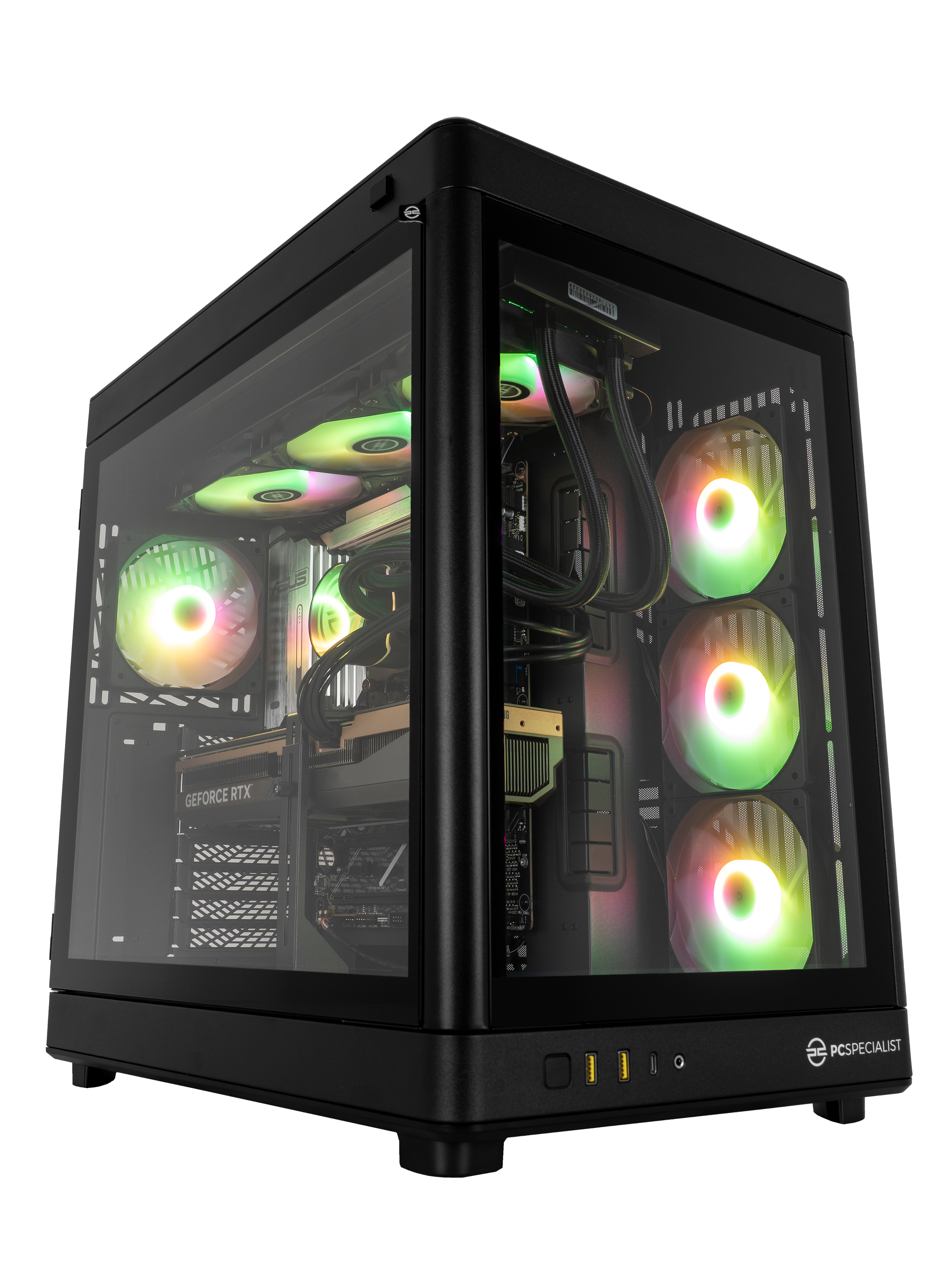 Case PC nero con pannello laterale in vetro, mostra componenti interni e ventole con luci colorate.