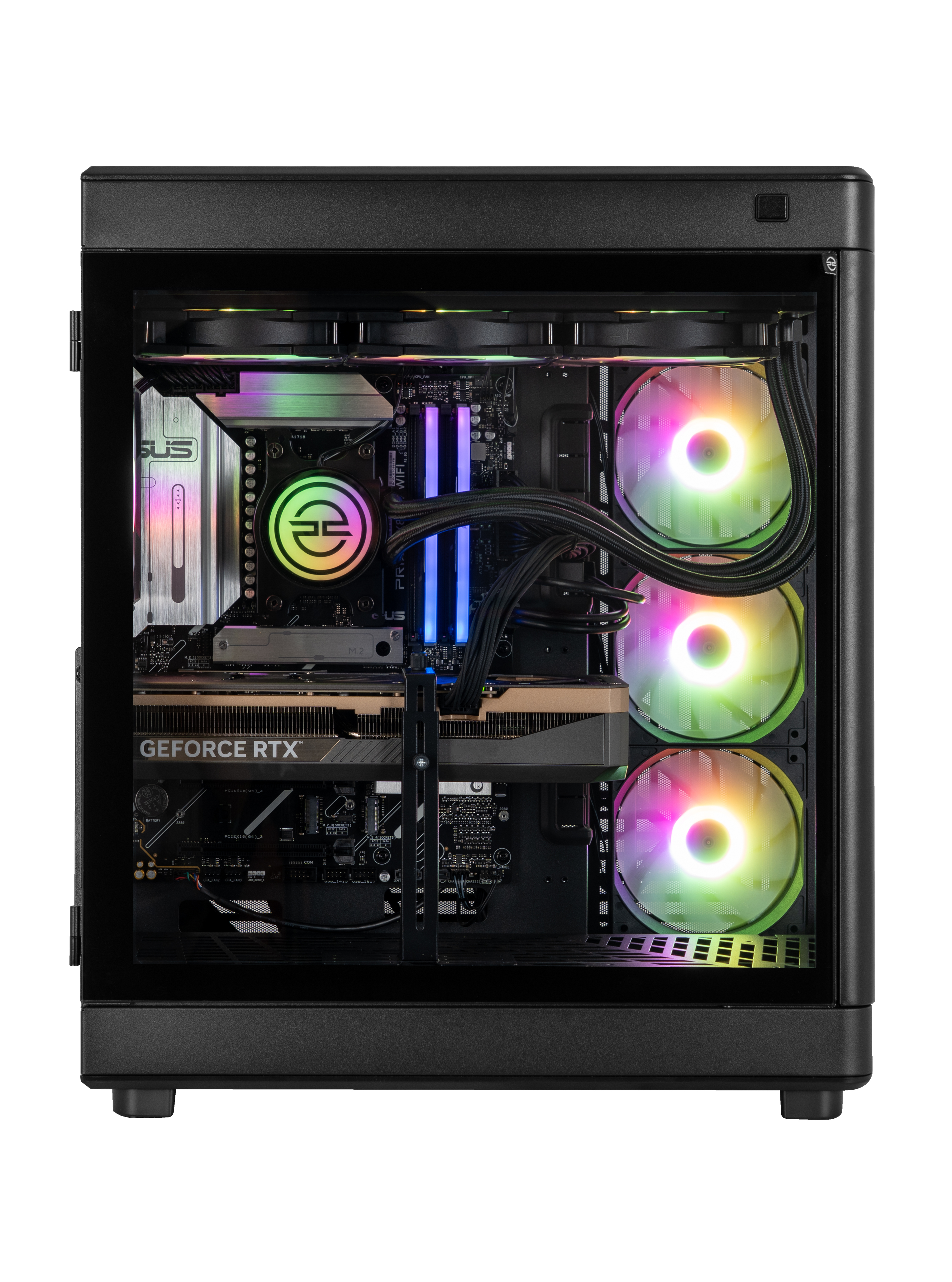 Un case per computer con componenti interni visibili, tra cui una scheda grafica, ventole con luci colorate e una scheda madre.