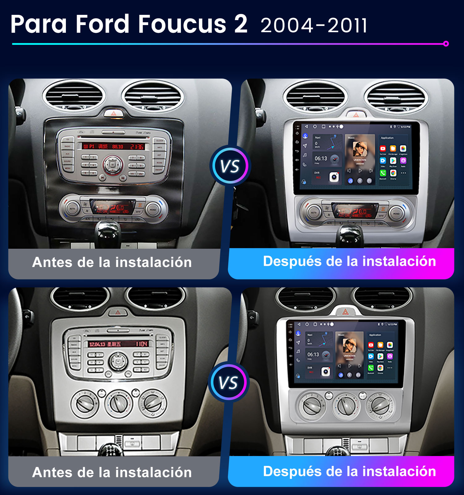 La imagen muestra el salpicadero del coche antes y después de instalar un nuevo sistema multimedia. Después de la instalación, se ve una pantalla táctil.