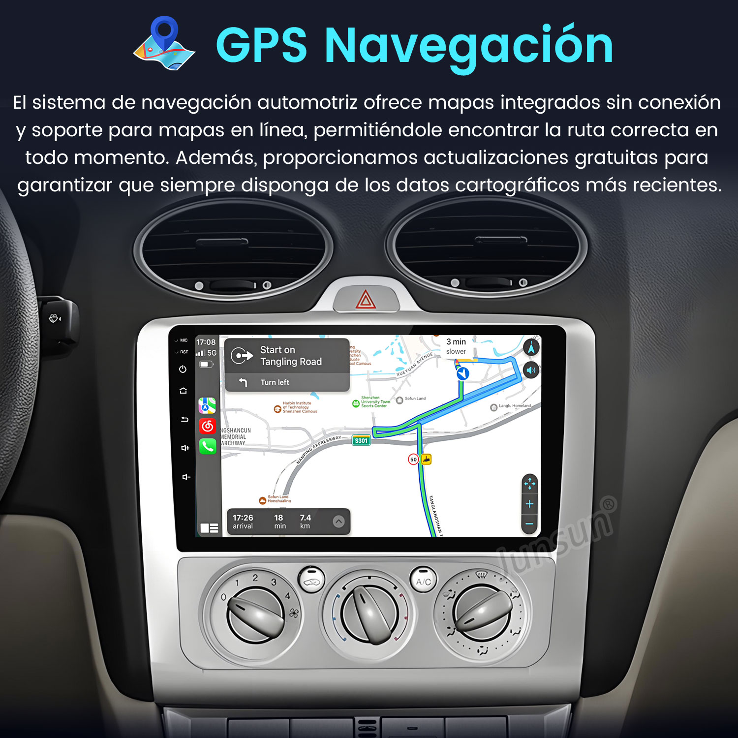 Panel del coche con pantalla de navegación GPS mostrando un mapa de ruta. Controles y rejillas de ventilación visibles.