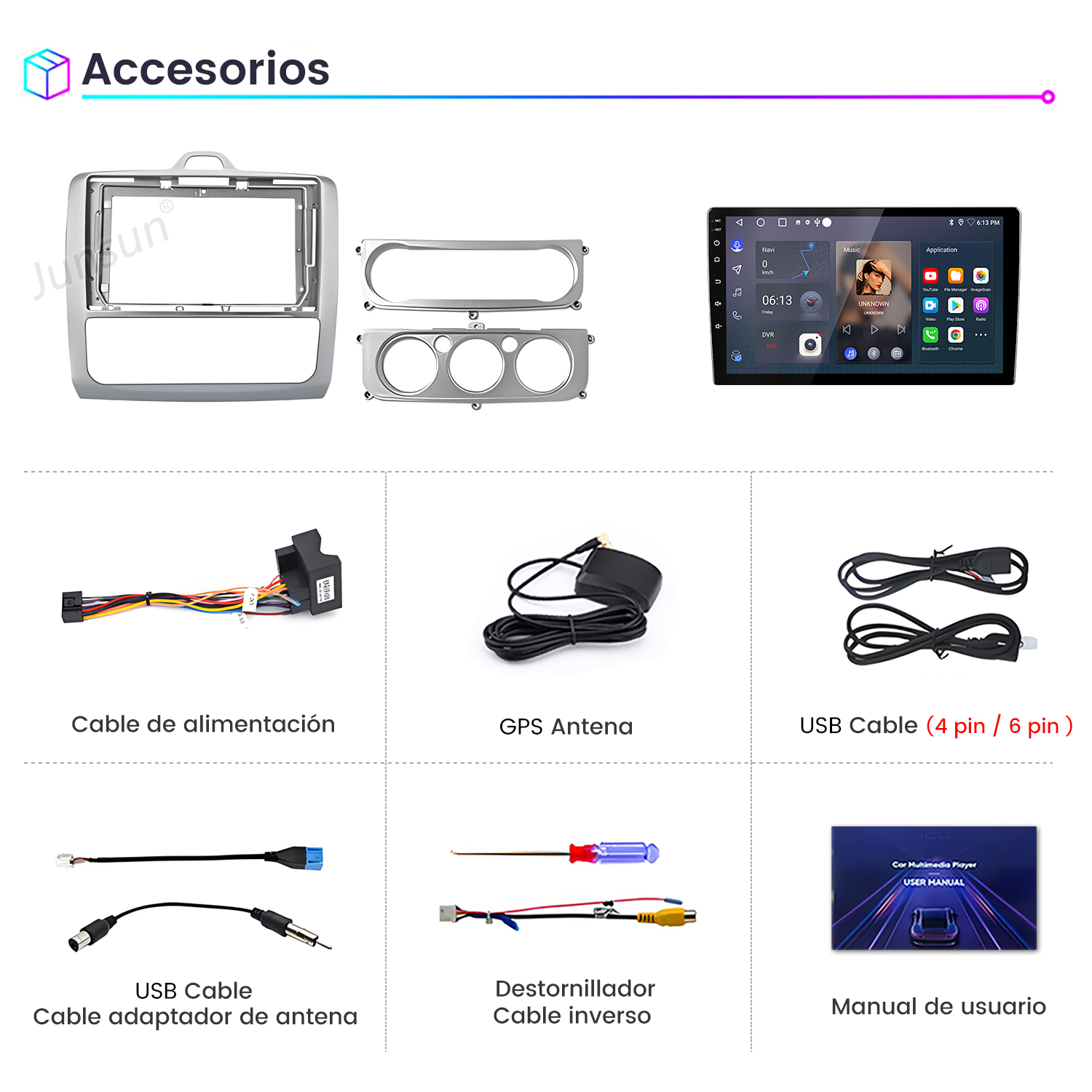 Imagen de accesorios para automóviles que incluyen una pantalla, cables, antena, destornillador y manual de usuario, etiquetados en español.