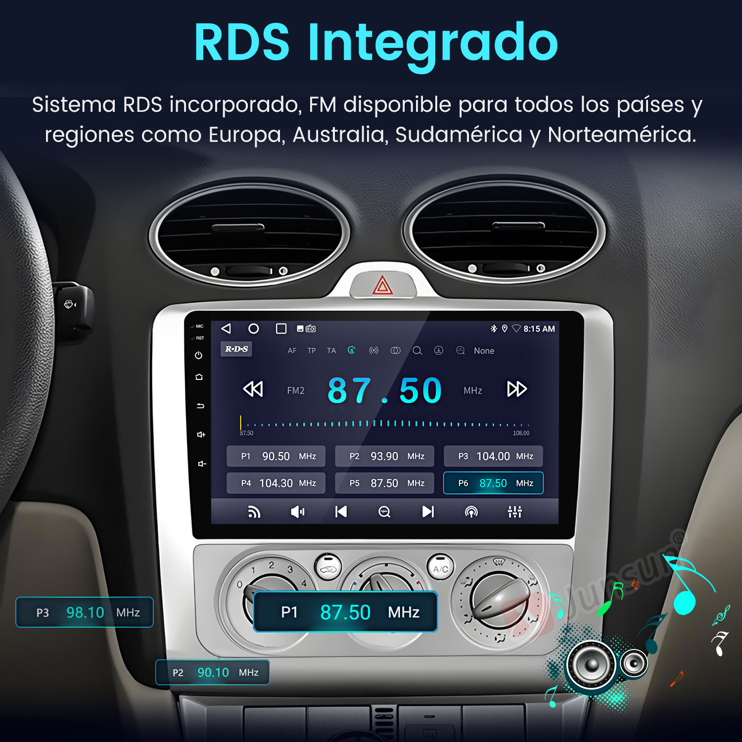 Interfaz de radio de coche que muestra la configuración de FM. La pantalla muestra 87.50 MHz. Se ven perillas y botones.