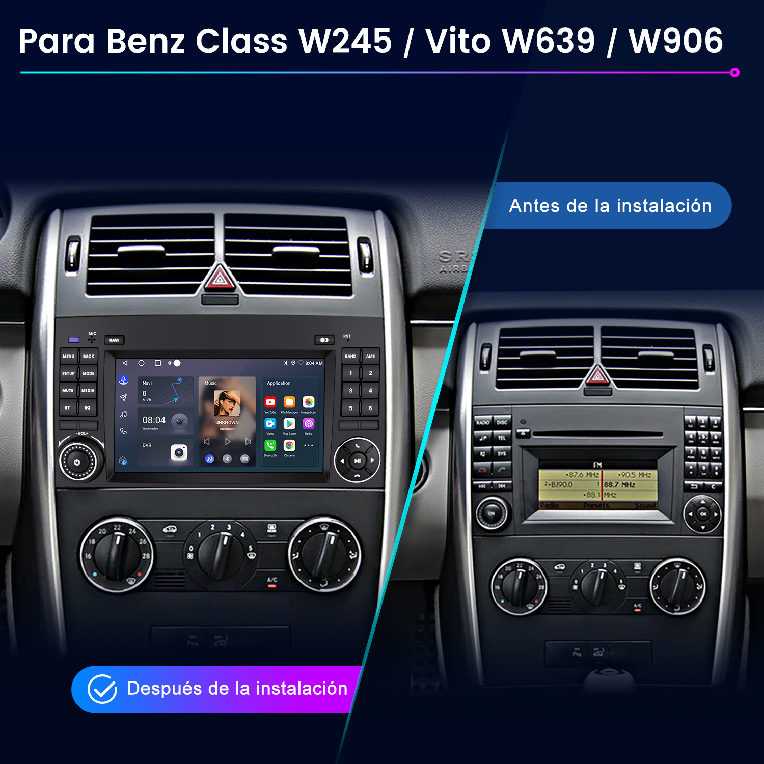 Comparación del salpicadero del coche: radio antigua a la derecha, nueva pantalla Android a la izquierda. Texto: 'Después de la instalación'.