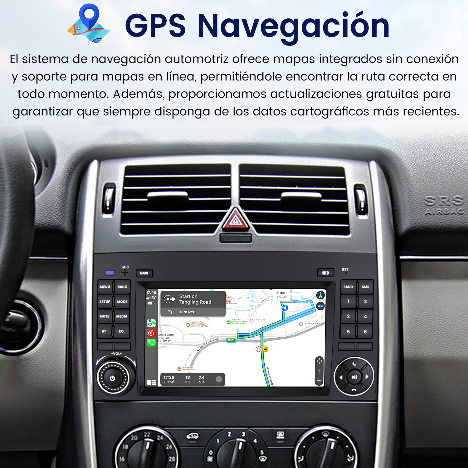 Panel del coche con pantalla de navegación GPS mostrando mapa y direcciones. Botones de varias funciones son visibles.
