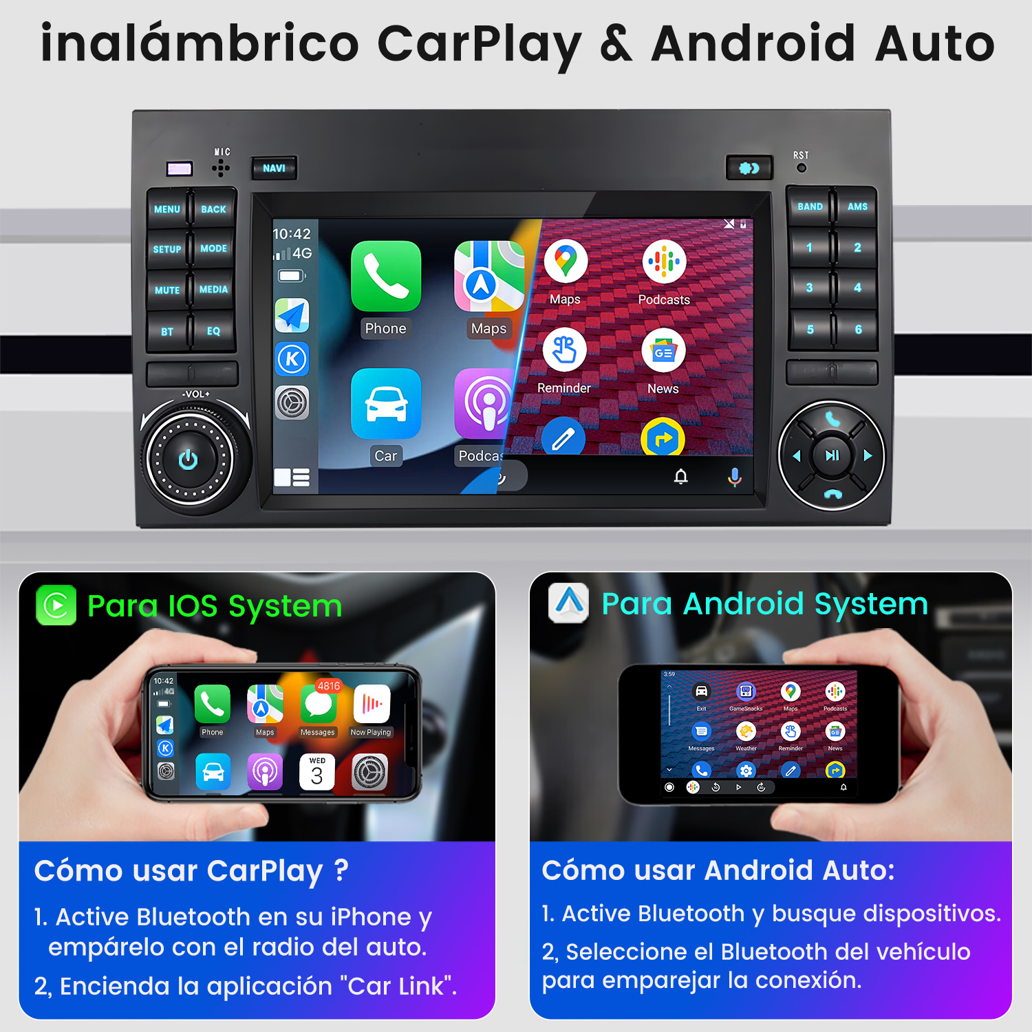 Pantalla de radio del coche mostrando aplicaciones, con instrucciones del sistema telefónico y Android. Funciones CarPlay y Android Auto.