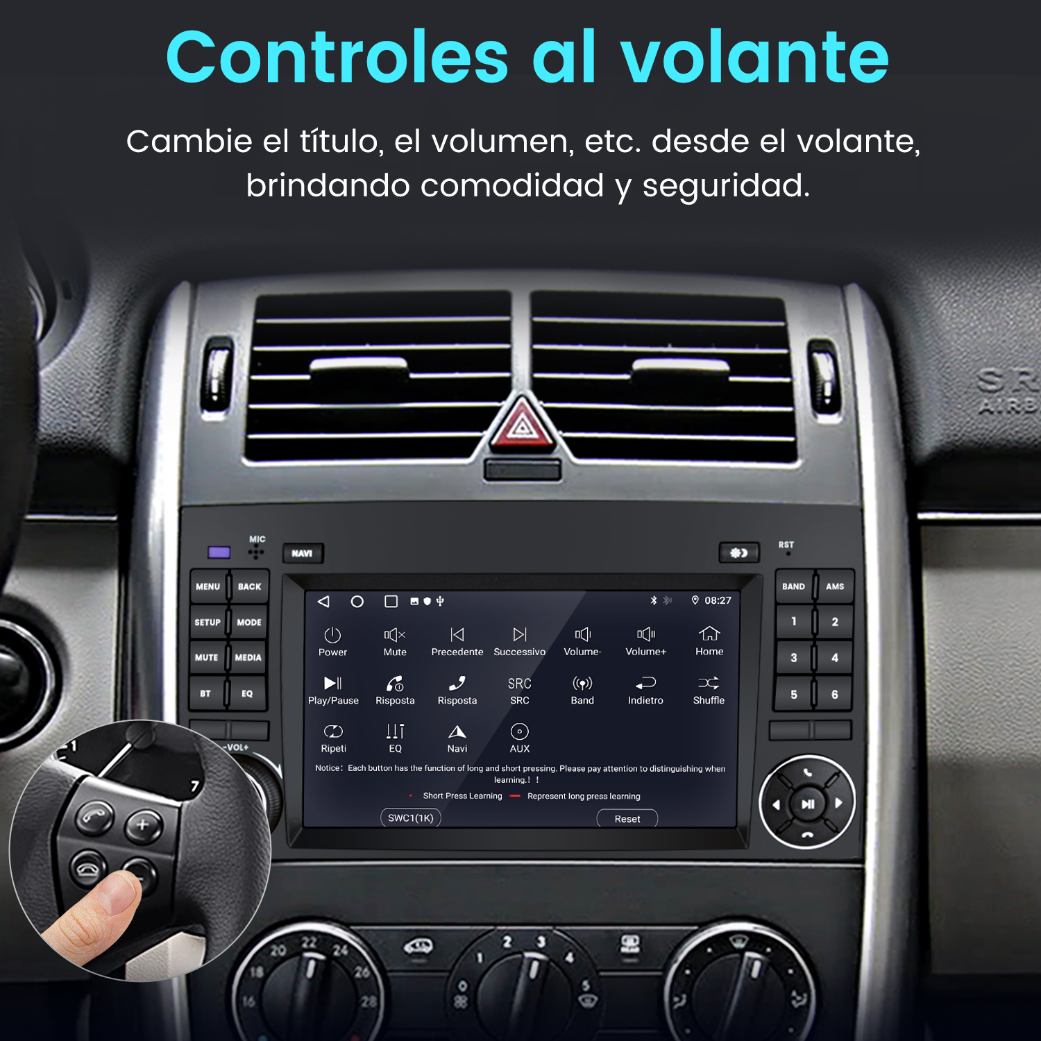 Panel de control del coche con pantalla. Controles del volante visibles. Una mano toca un botón.