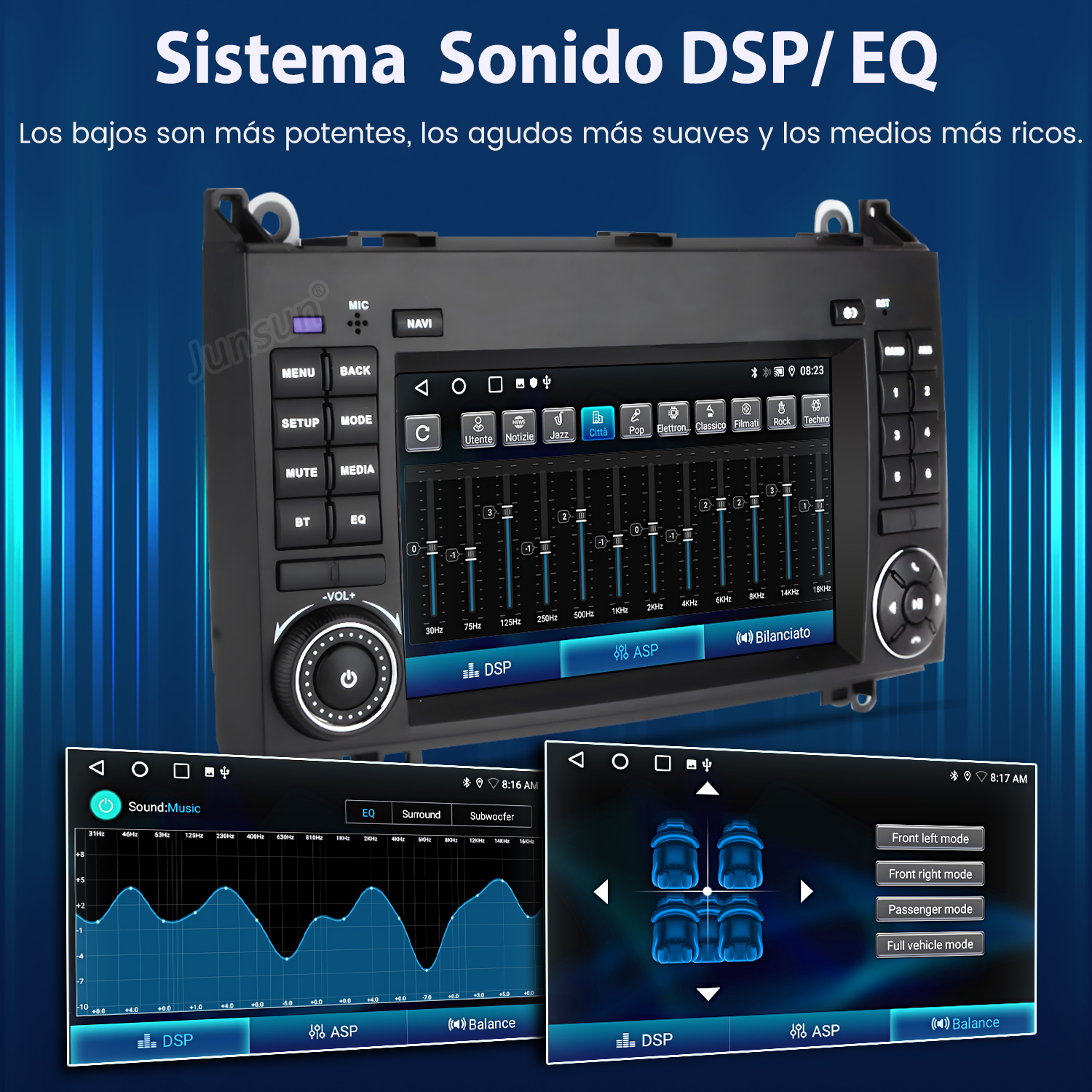 Sistema de audio para coche con DSP/EQ. La pantalla muestra la configuración del ecualizador y varias opciones de audio. Botones para menú, medios y otras funciones.