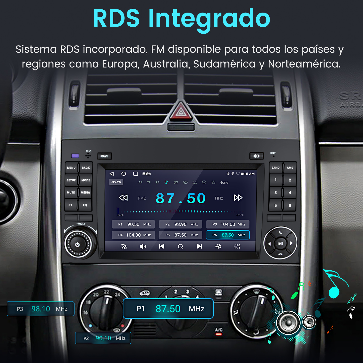 Pantalla de radio de coche mostrando 87.50 MHz, con botones y controles. Texto en español, RDS Integrado, y notas musicales.