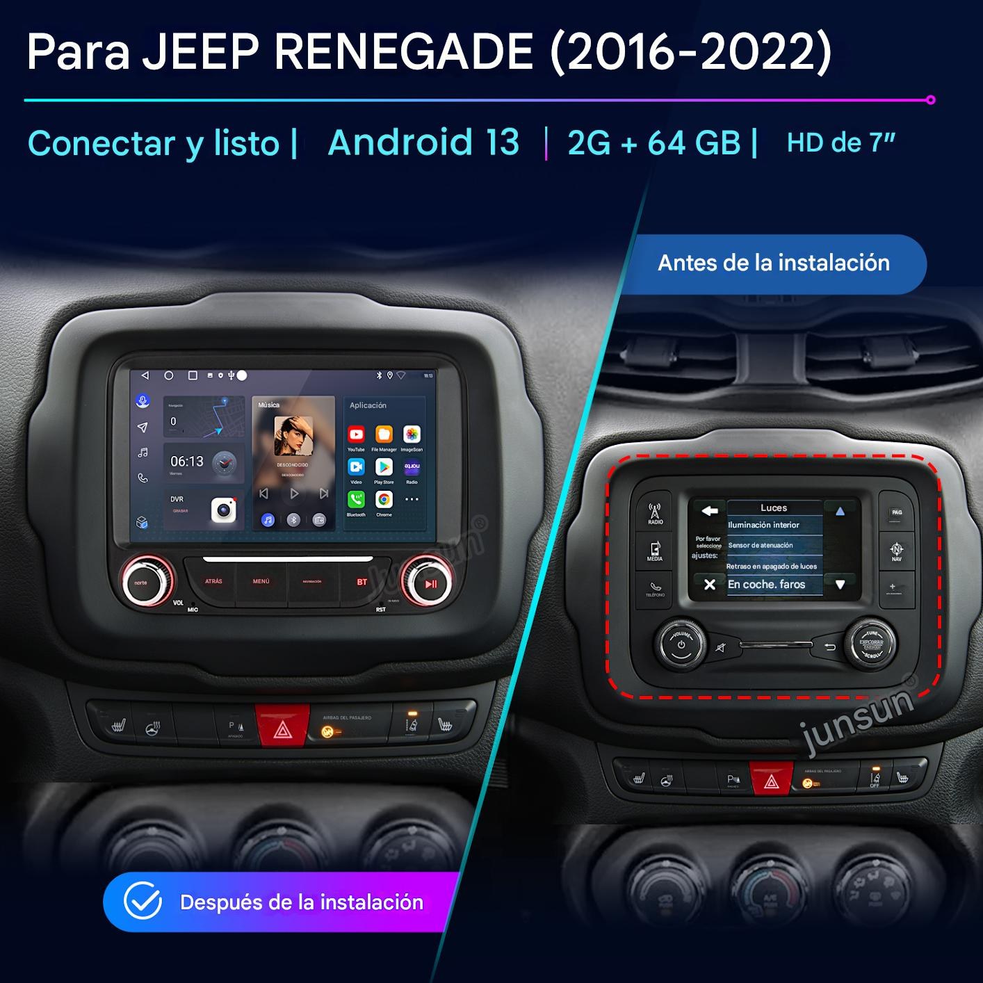Un salpicadero de coche que muestra antes y después de la instalación. Incluye pantallas y botones de control para Jeep Renegade.