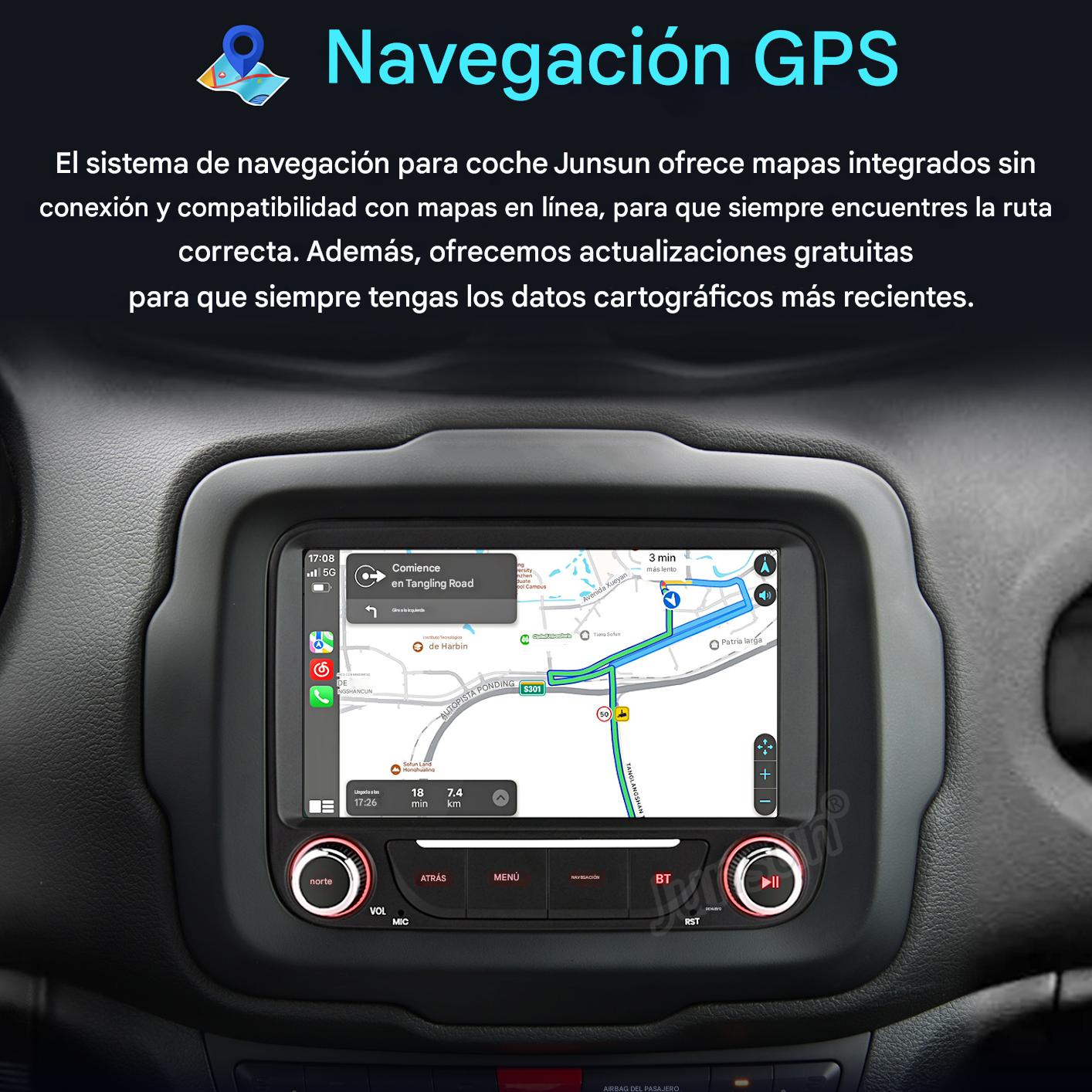 Pantalla de navegación del coche mostrando un mapa con guía de ruta. Texto arriba: Navegación GPS.