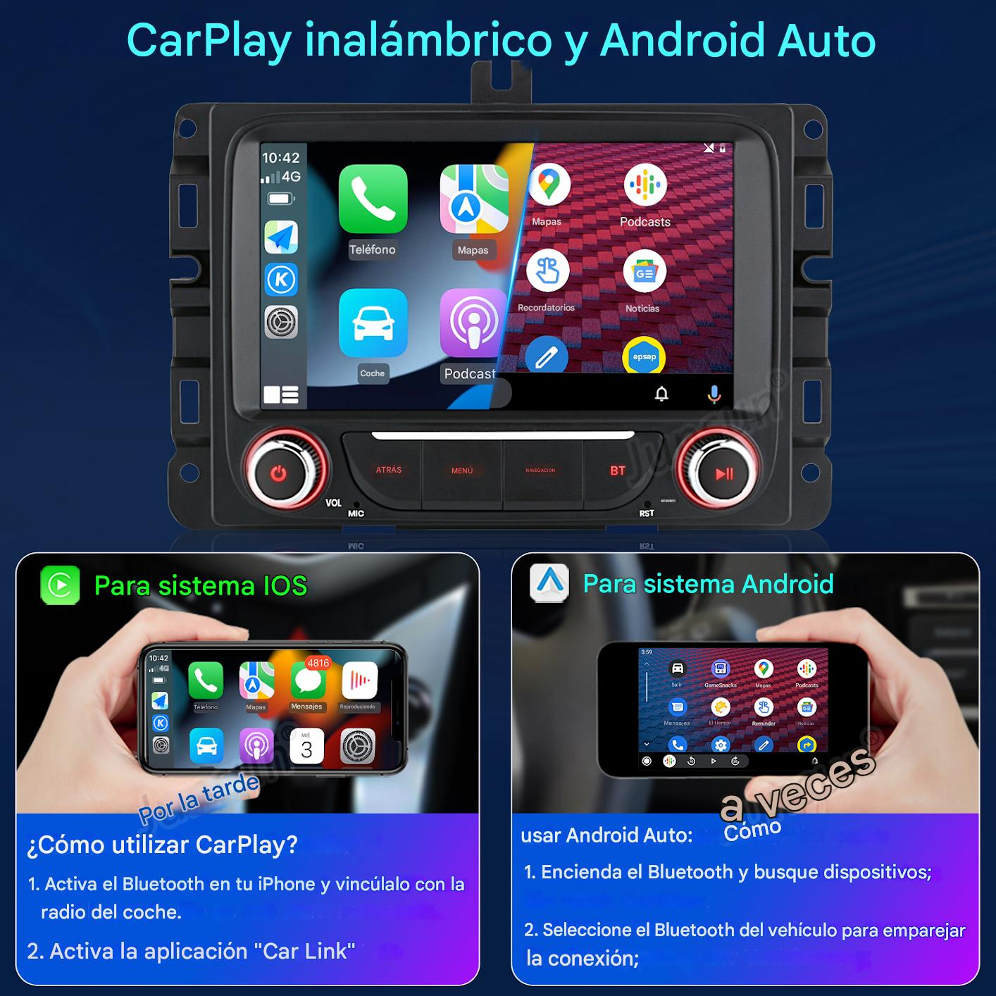 Pantalla de coche con aplicaciones, mostrando instrucciones del sistema IOS y Android. Muestra teléfono, mapas, podcast y opciones de enlace del coche.