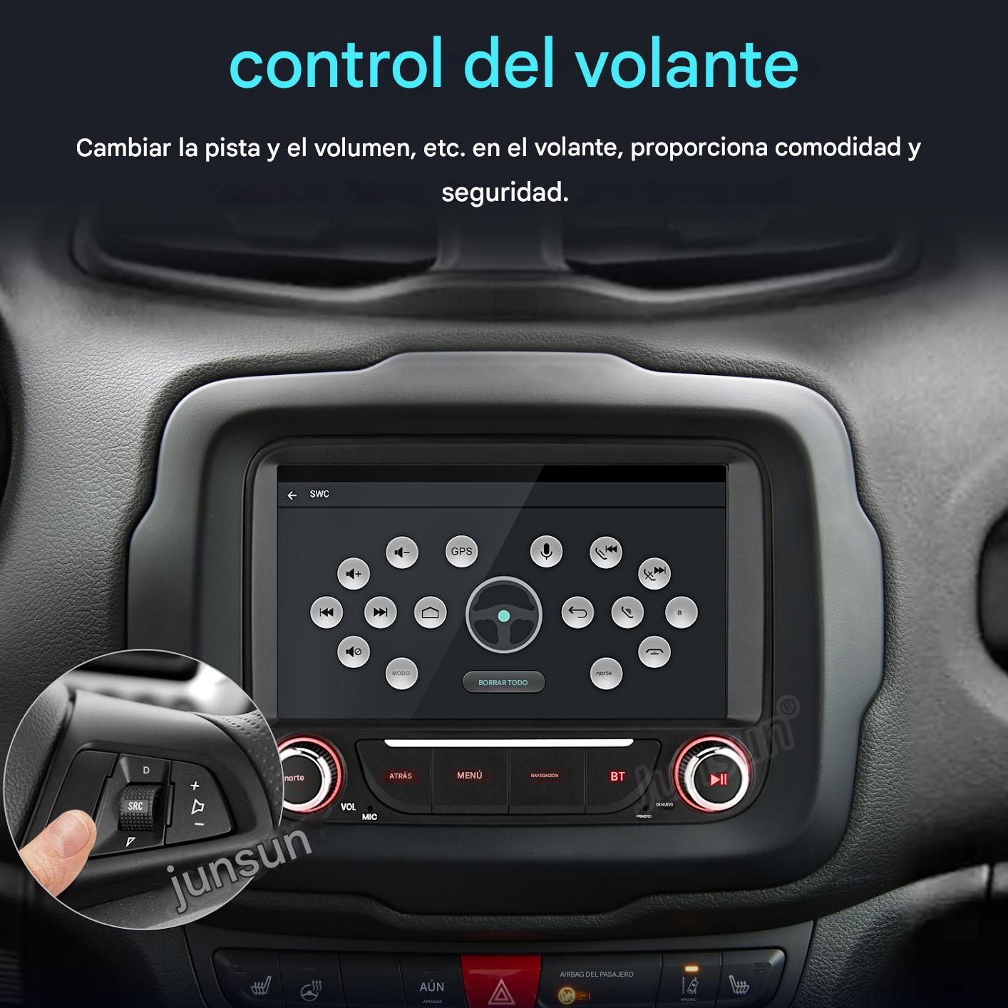 Panel de control del coche con pantalla, controles del volante y primer plano de los botones del volante. Superposiciones de texto en español.