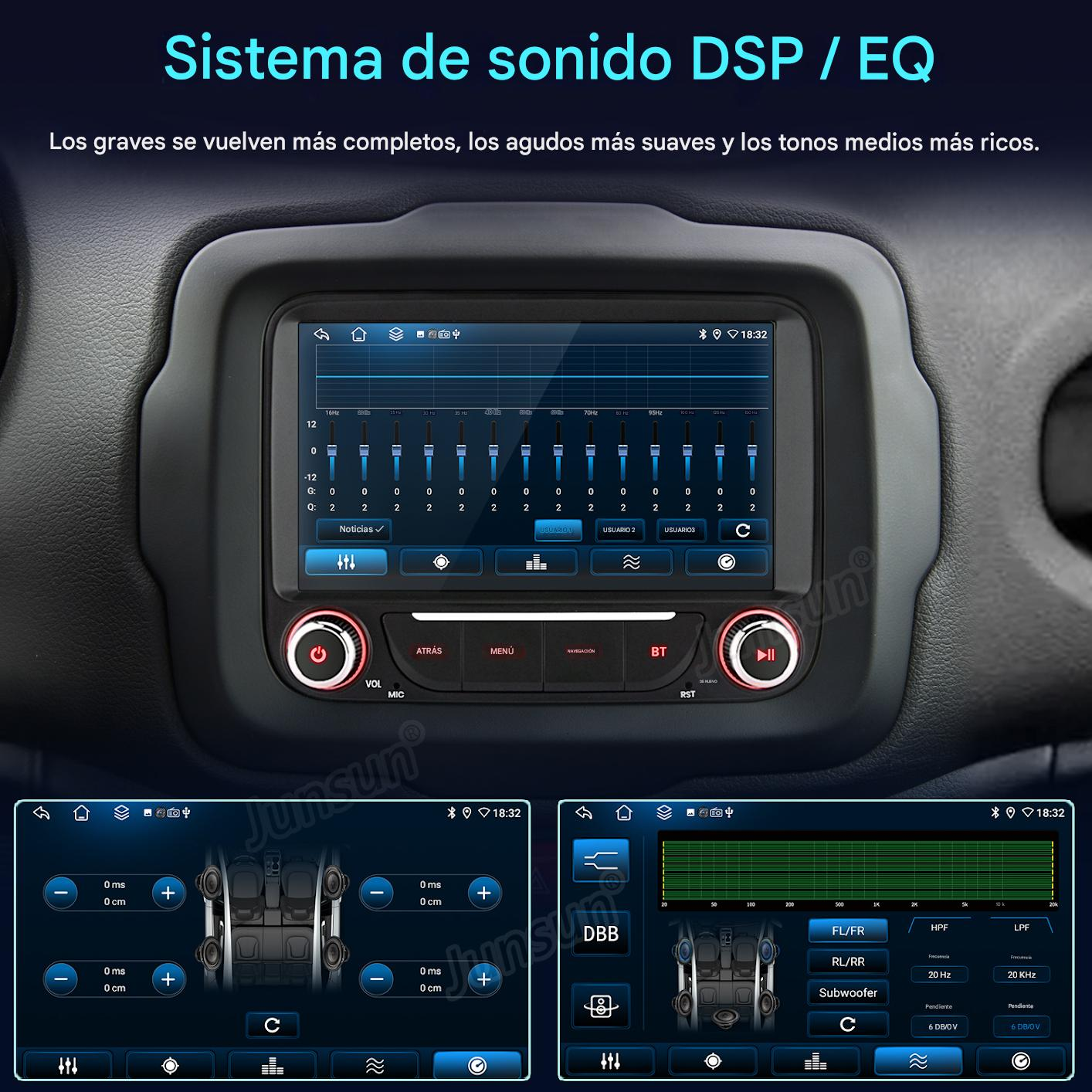 Pantalla del sistema de audio del coche que muestra la configuración del ecualizador y la configuración de los altavoces.