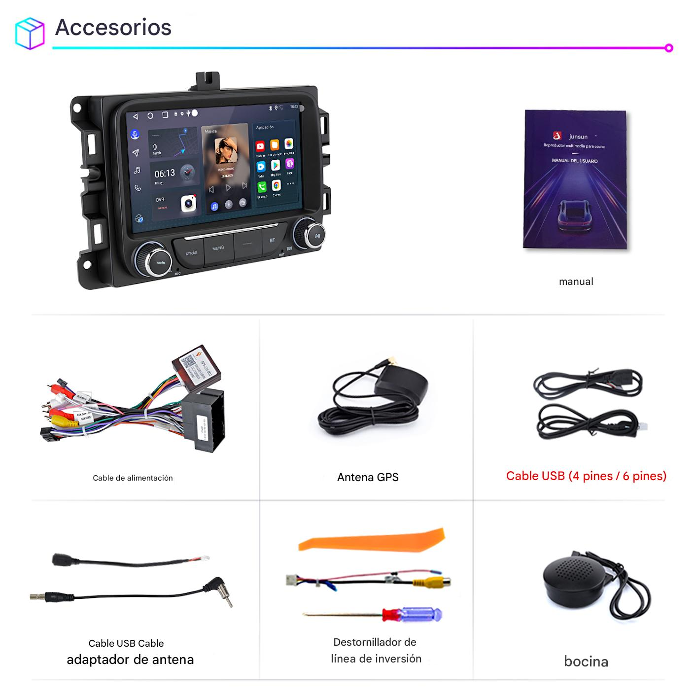 Imagen muestra accesorios para automóviles: pantalla, manual, cables, antena GPS, cable USB, destornillador y altavoz. Todo es negro y colorido.