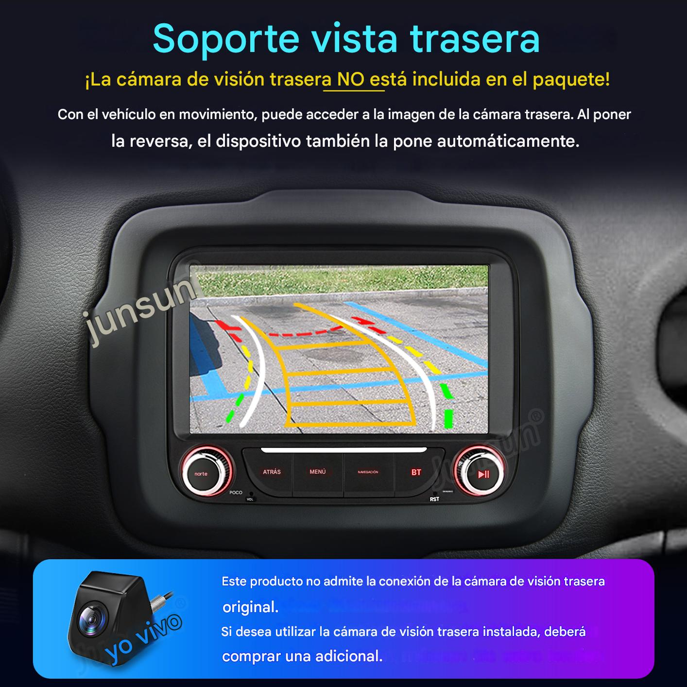 Pantalla del coche mostrando la cámara de visión trasera. Se muestra una pequeña cámara abajo.