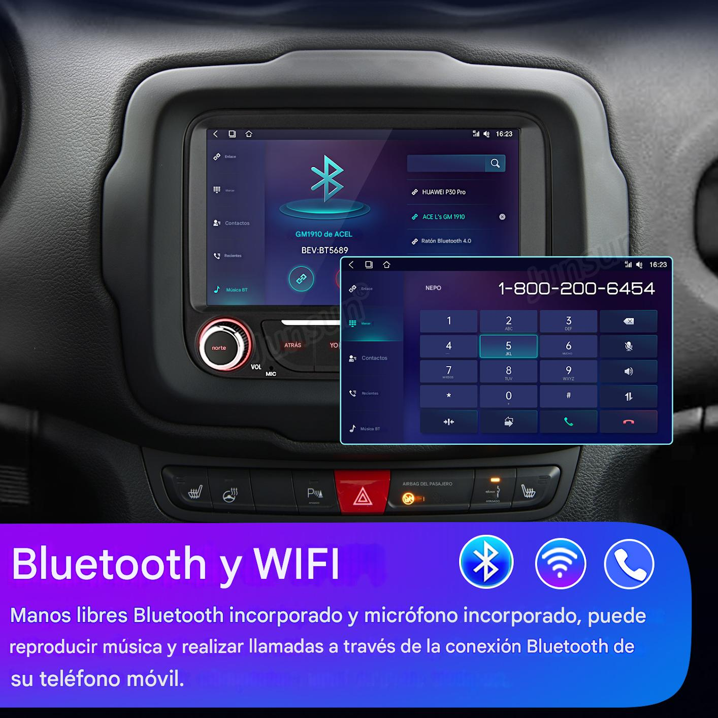 Panel del coche con una pantalla con opciones de Bluetooth y un marcador. Debajo, el texto indica las capacidades de Bluetooth y Wifi.