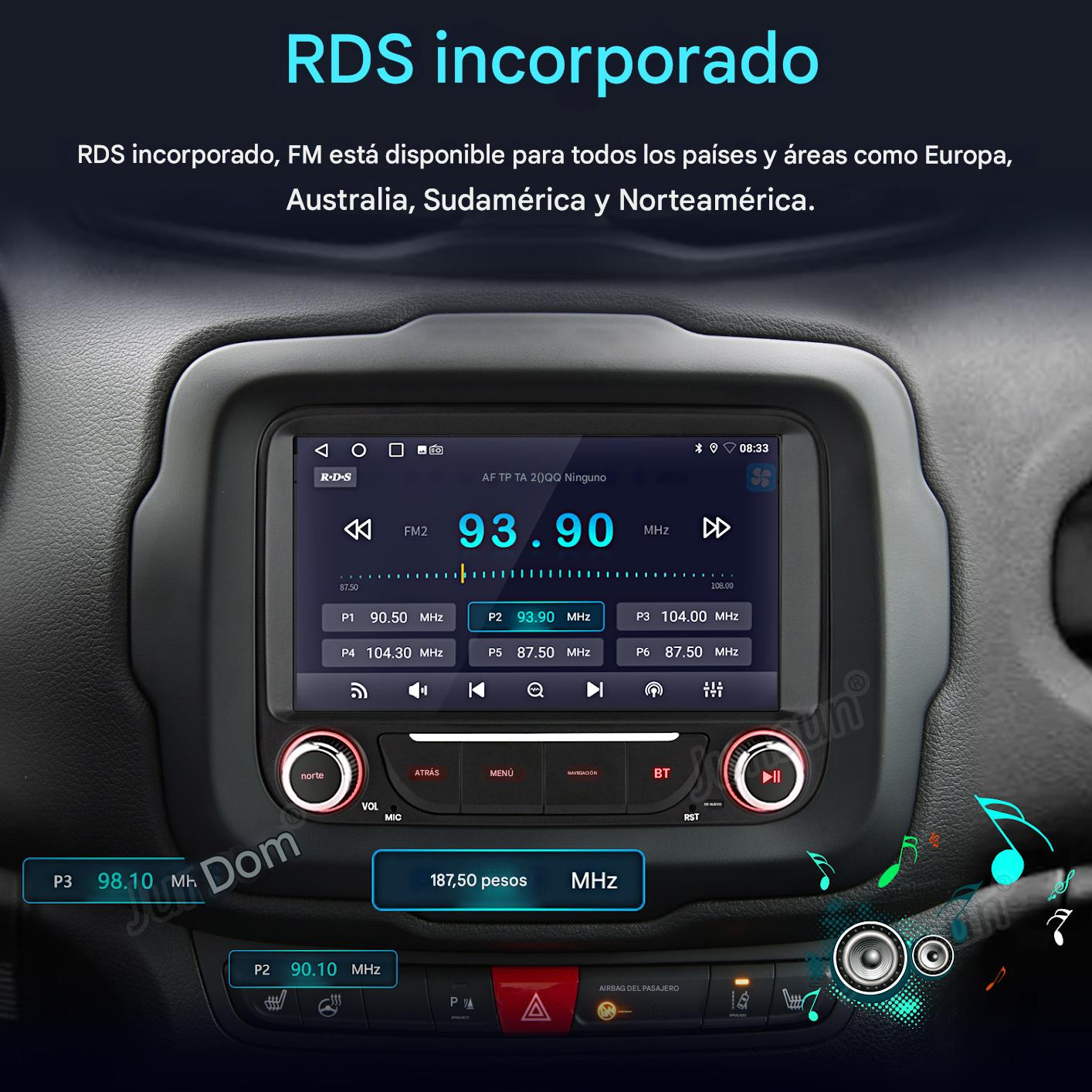 Pantalla del autoestéreo muestra radio FM en 93.90 MHz. Botones de volumen, menú y navegación visibles. La pantalla es negra.
