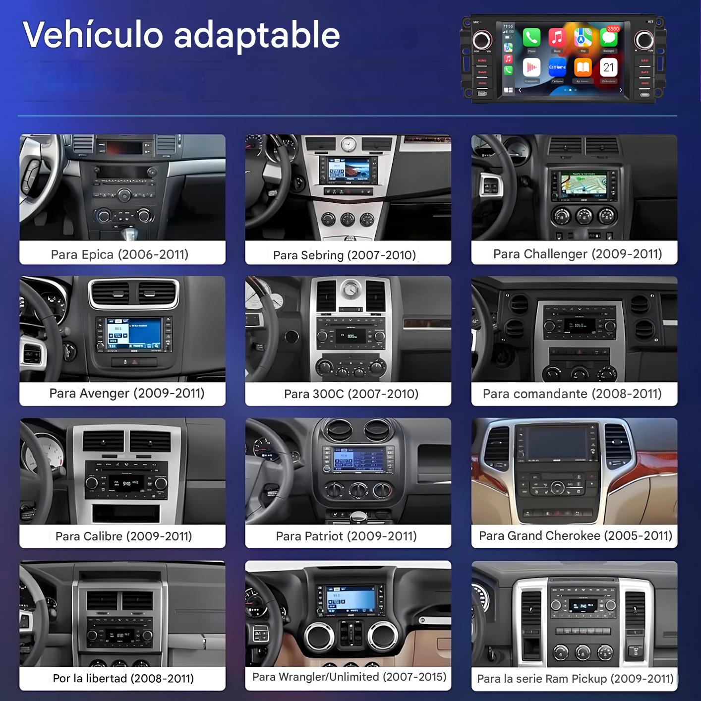 La imagen muestra tableros de automóviles con diferentes modelos. Muestra una radio de coche con iconos. Texto: Vehiculo adaptable.