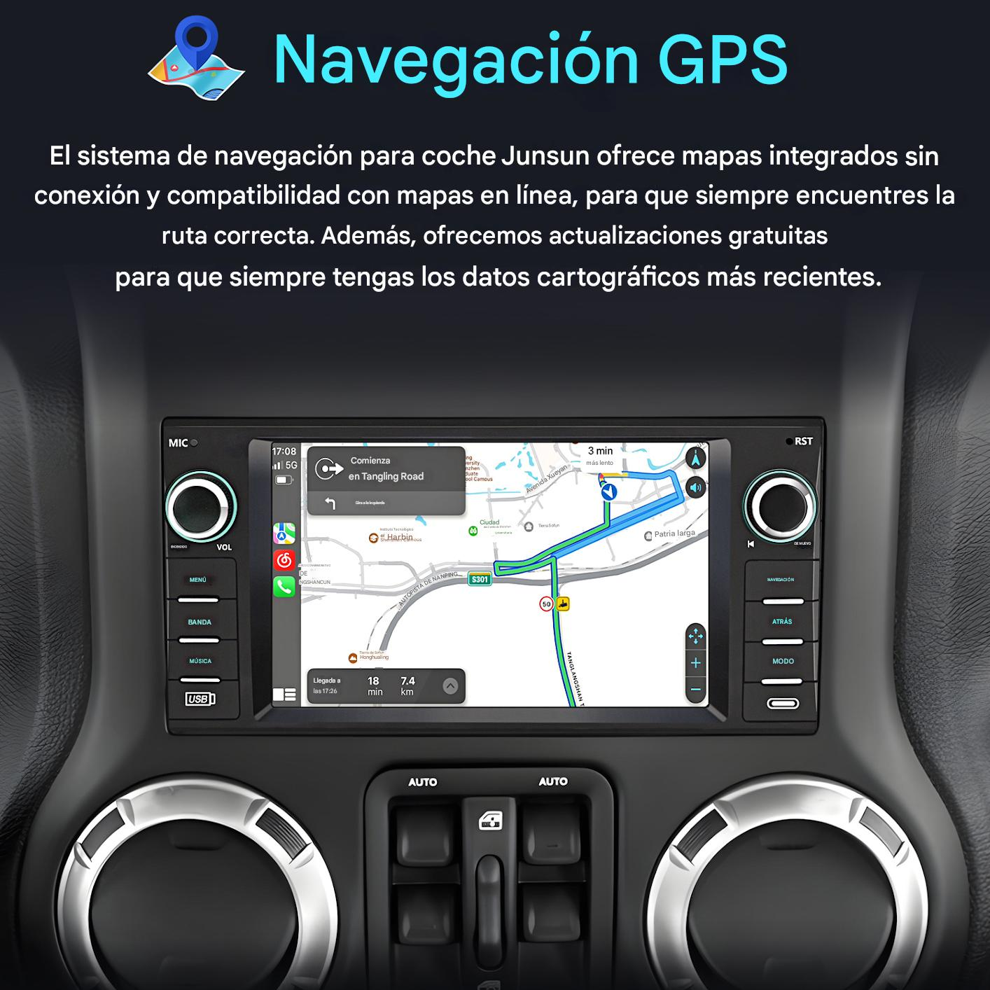Pantalla GPS de coche mostrando mapa y detalles de navegación. La pantalla está en el salpicadero del coche.