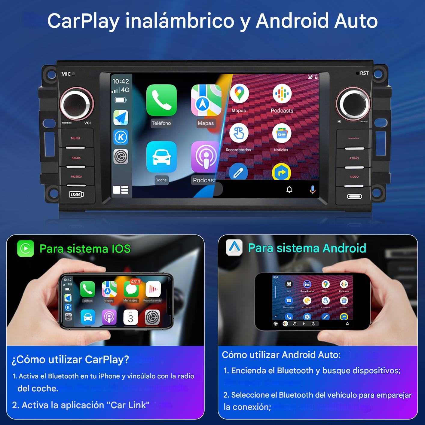 Pantalla de radio para coche con CarPlay y Android Auto. Muestra iconos de apps de navegación, teléfono, podcasts y ajustes.