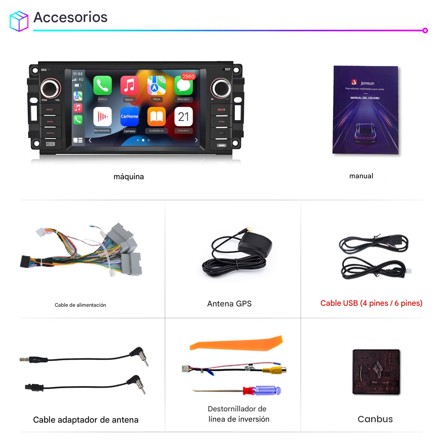 La imagen muestra accesorios para automóviles, incluyendo un estéreo de coche, cables USB, antena GPS, arnés de cableado y un manual del usuario. Es una descripción general del producto.
