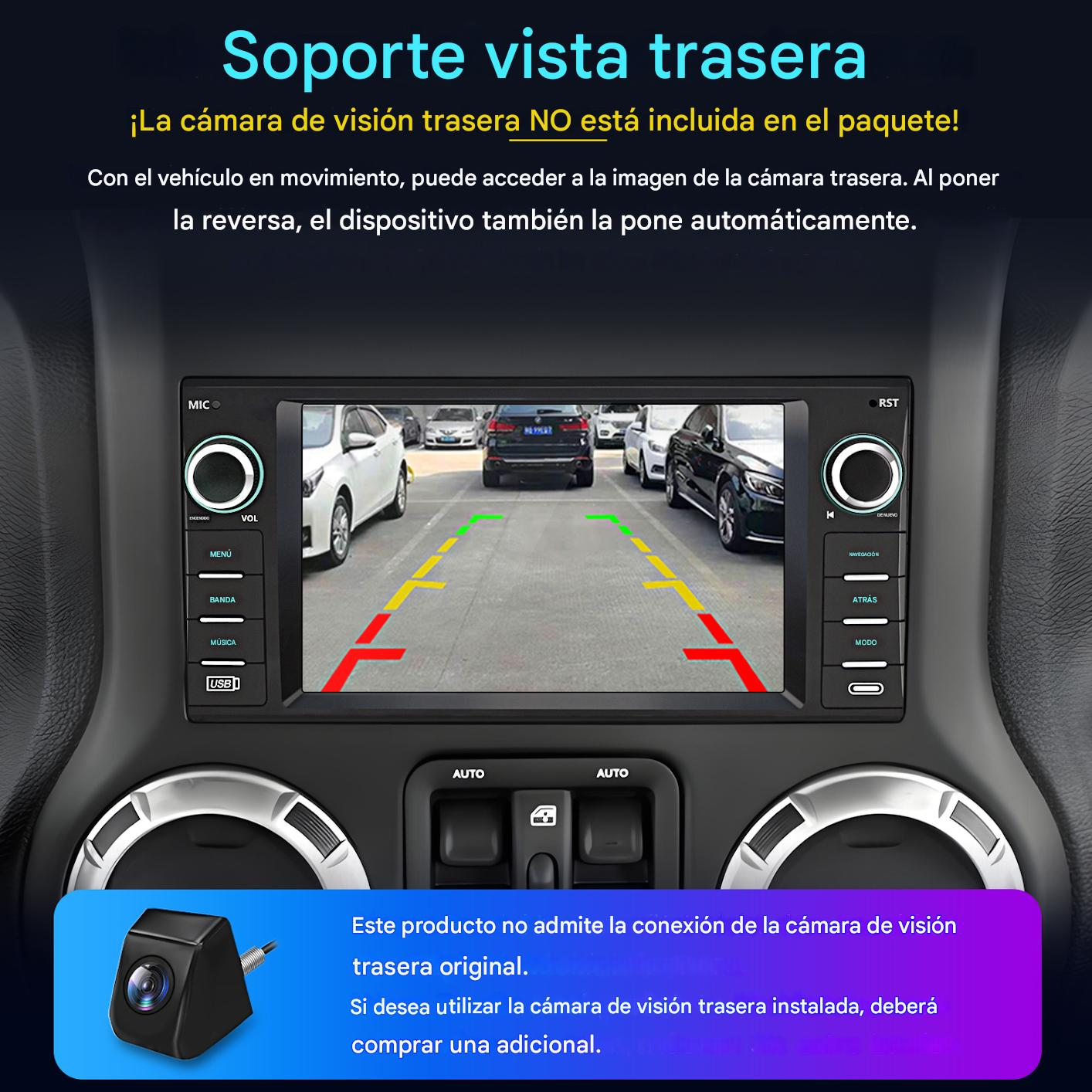 Pantalla de coche con imagen de cámara trasera. Texto en español sobre la cámara y sus funciones, y una cámara.