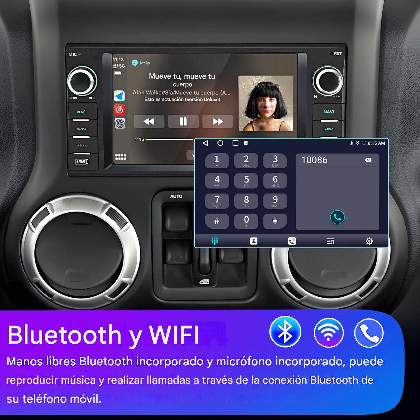 Panel de automóvil con pantalla que muestra controles de música y teclado. Iconos Bluetooth y Wi-Fi visibles.