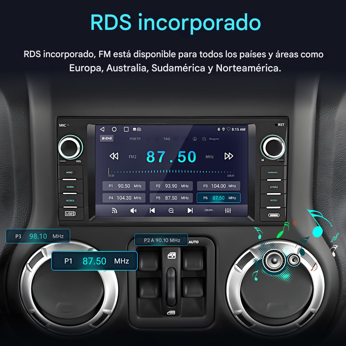 Pantalla de radio del coche que muestra RDS, FM a 87.50 MHz, y estaciones de radio preestablecidas. Visible botones y USB.