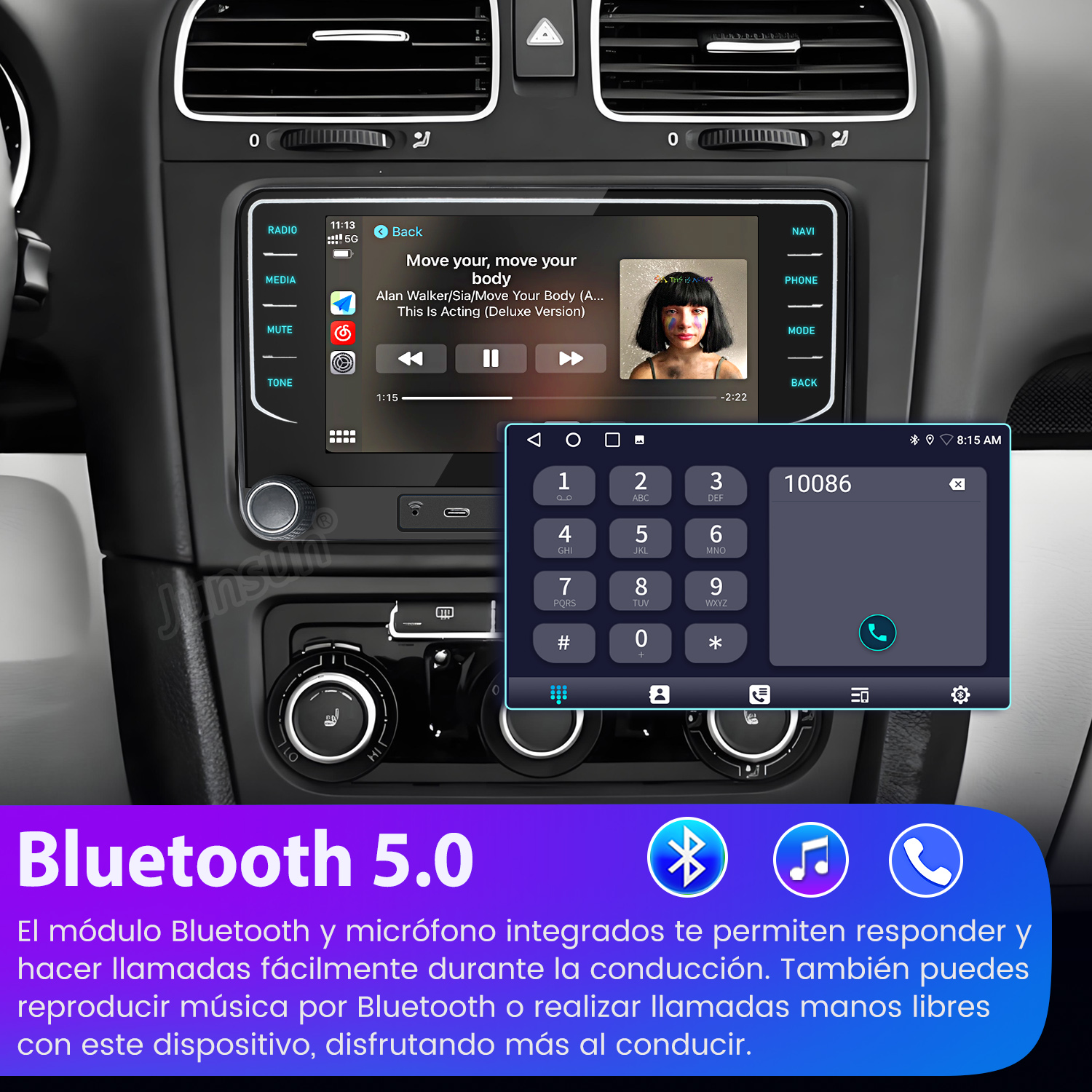 Panel del coche con pantalla reproduciendo música y un marcador telefónico. Texto Bluetooth 5.0 abajo.