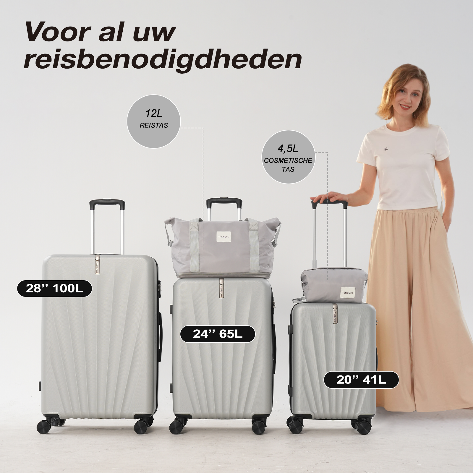 Image shows a woman with luggage. There are four pieces of luggage with text labels, and the woman is touching the handle of one.