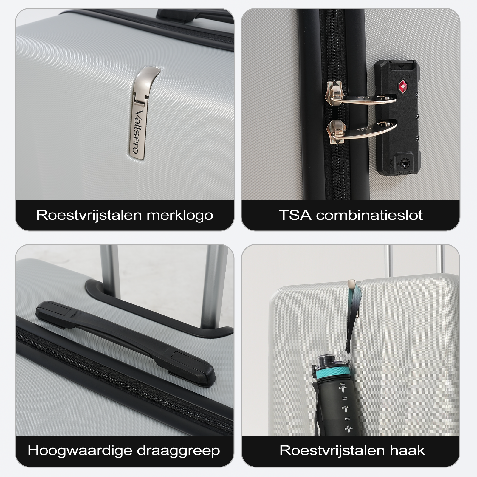 Close-up shots of a silver suitcase. Details include a logo, a combination lock, a handle, and a hook.