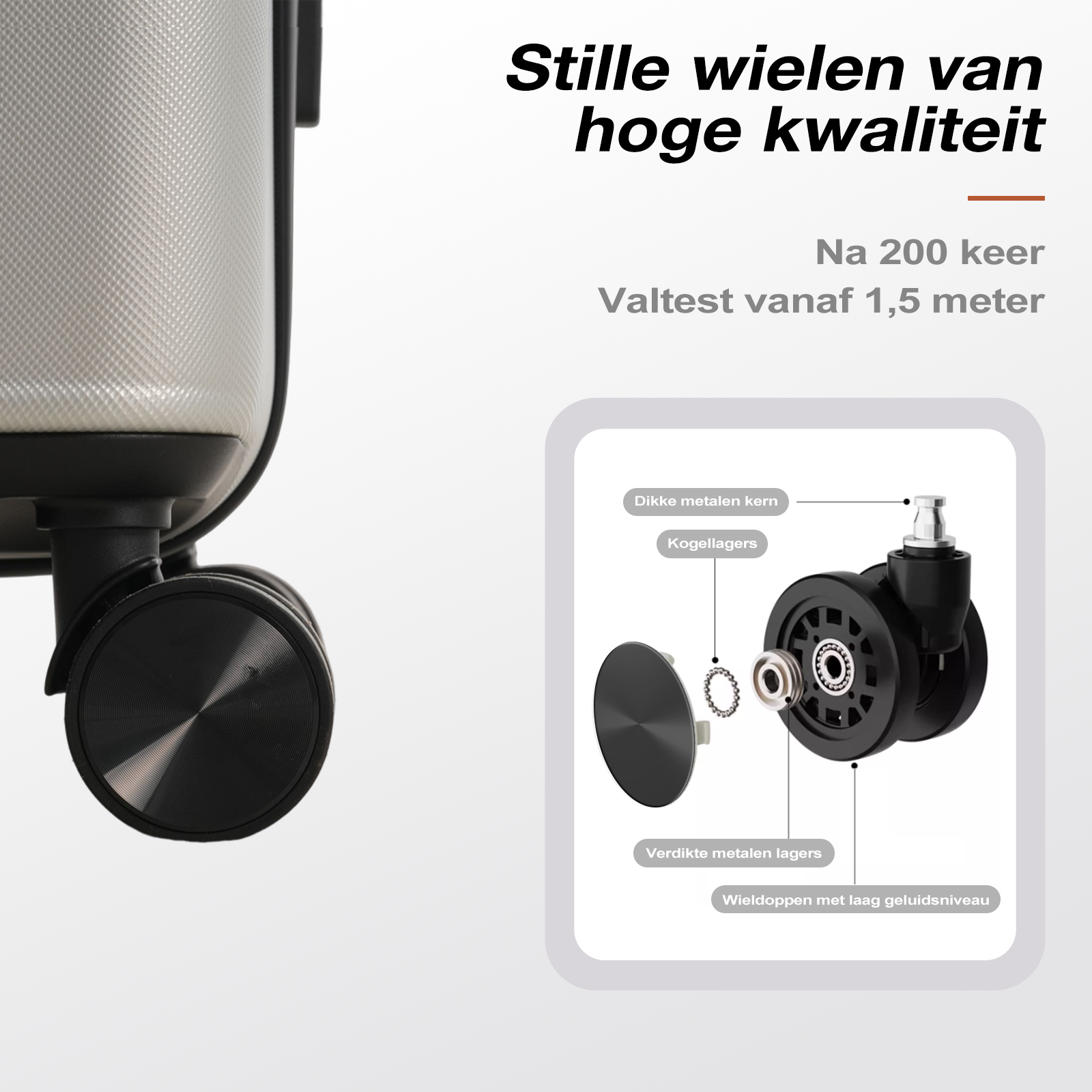 Image shows a suitcase wheel with labels in Dutch. The text describes high-quality, silent wheels.