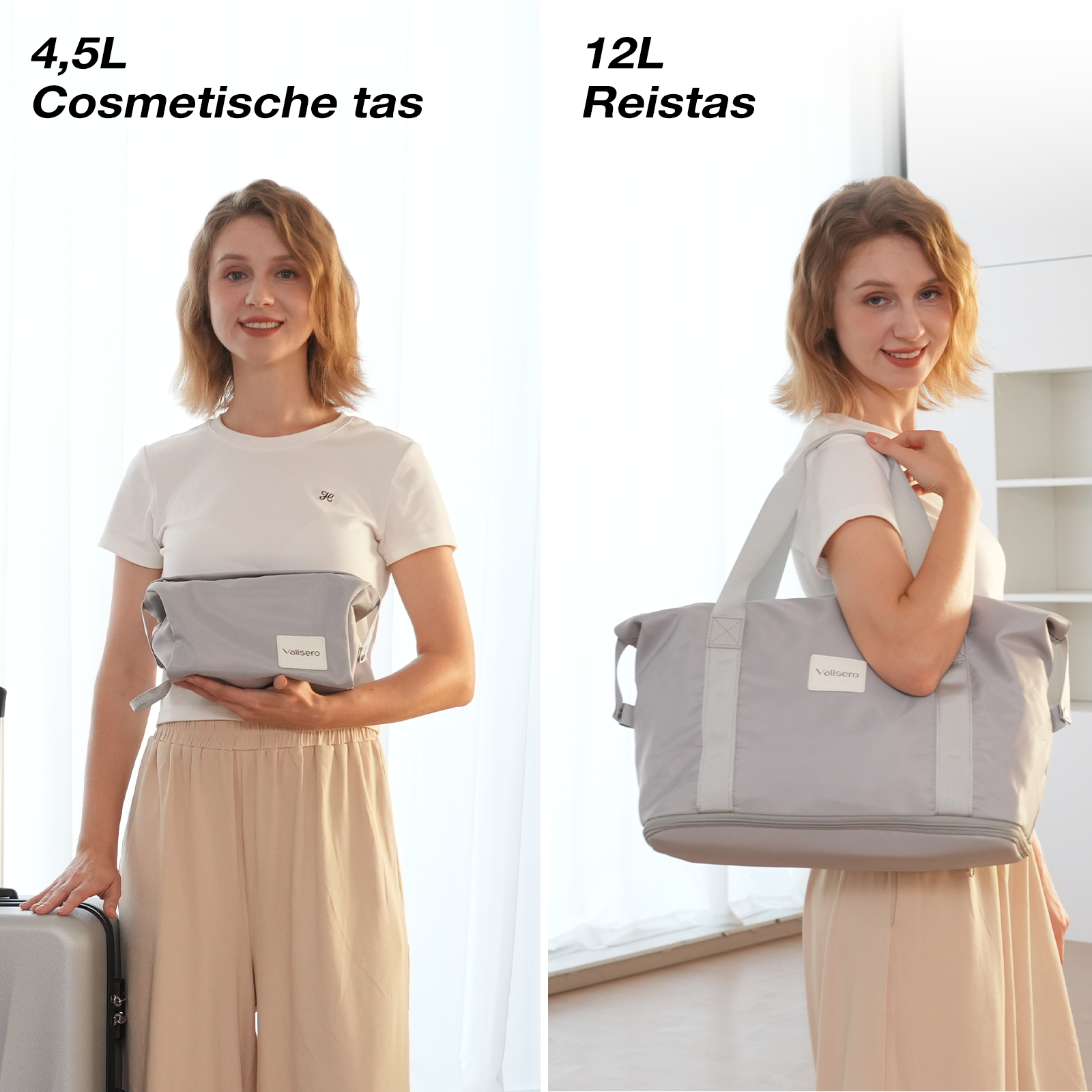 Woman holding two grey bags. The left bag is small and the right bag is large. The woman is wearing a white t-shirt and beige pants.