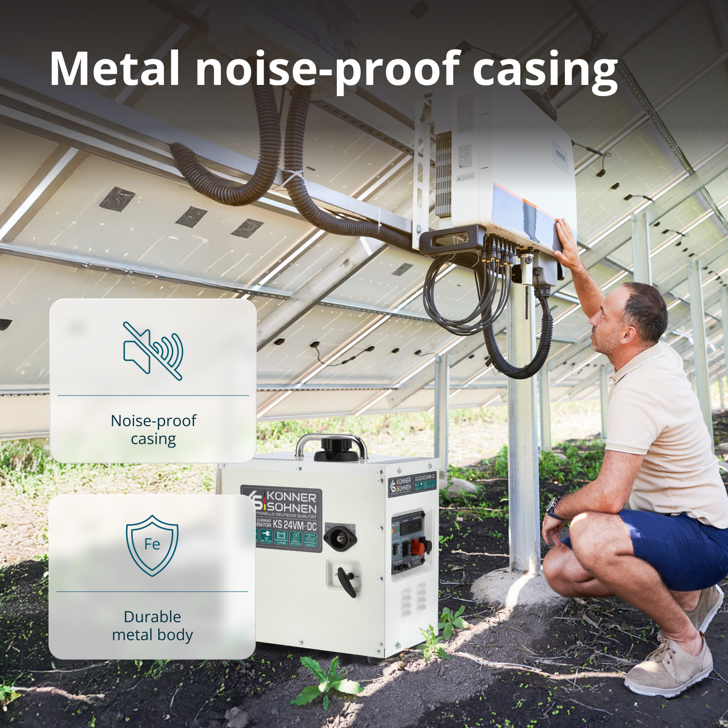 Mężczyzna sprawdza biały agregat pod panelami słonecznymi. Agregat ma trwałą metalową obudowę i dźwiękoszczelną obudowę.