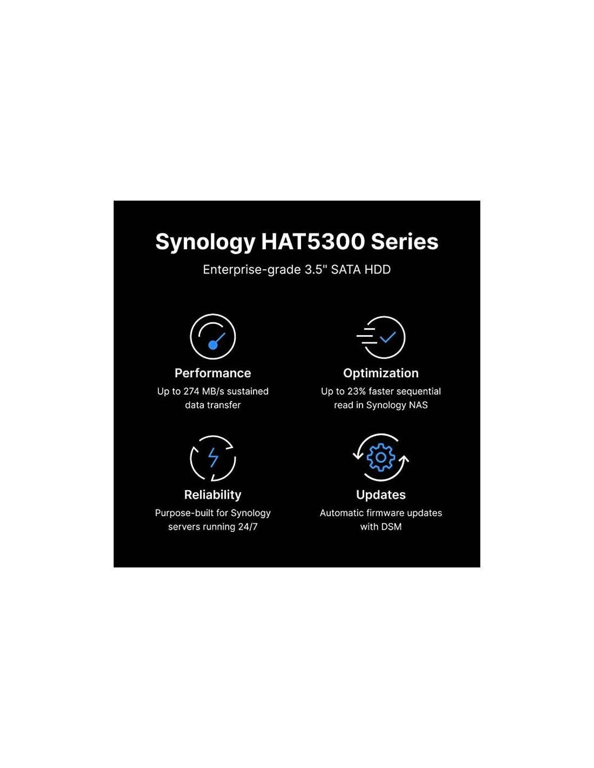 Czarne tło z tekstem Synology HAT5300 Series. Cechy: Wydajność, Optymalizacja, Niezawodność i Aktualizacje. Informacje o transferze danych i NAS.