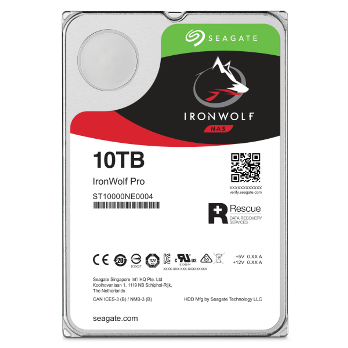 Dysk twardy Seagate IronWolf Pro 10TB. Ma zielono-czarną etykietę z logo wilka i tekstem. Ma czerwony pasek.