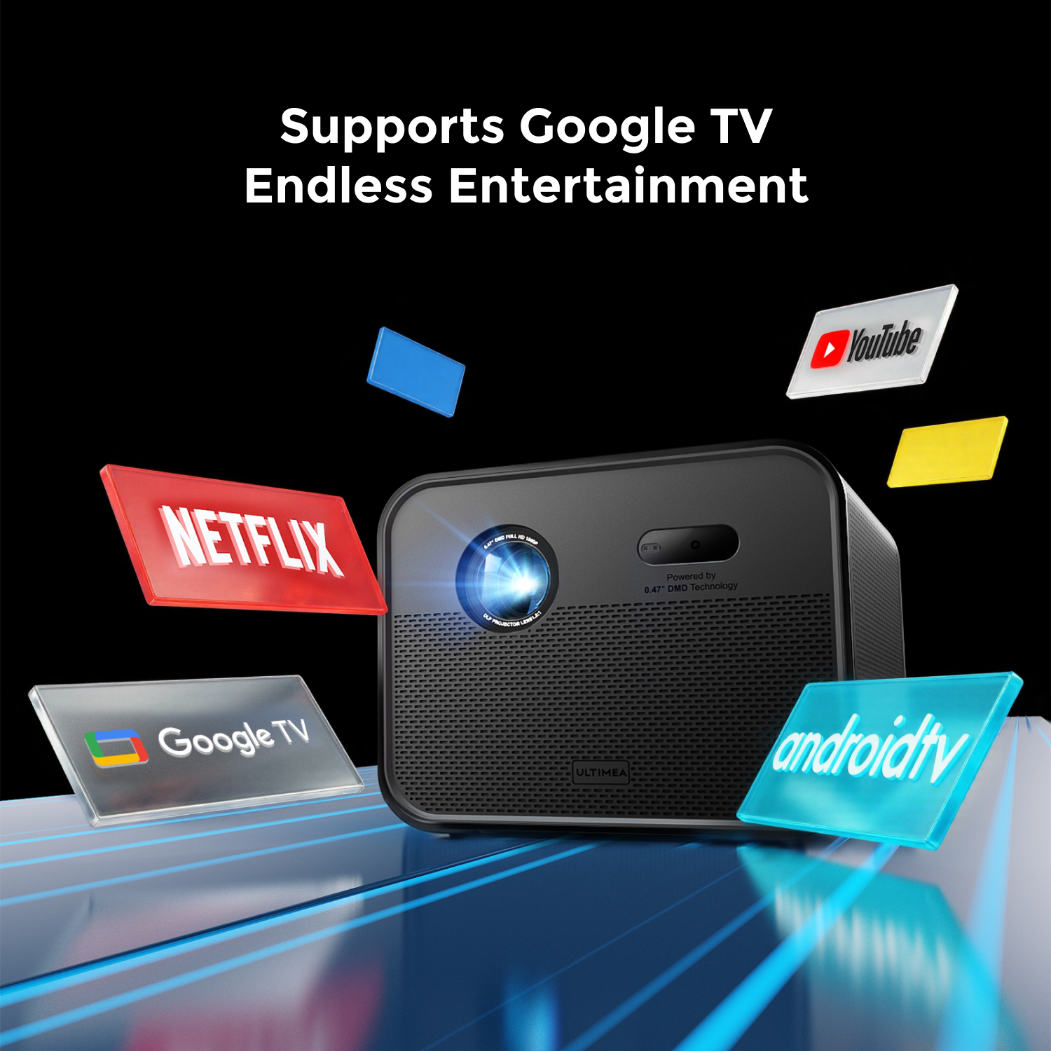 Un projecteur noir avec les logos de Netflix, Google TV, YouTube et Android TV. Le texte dit "Supports Google TV Endless Entertainment."