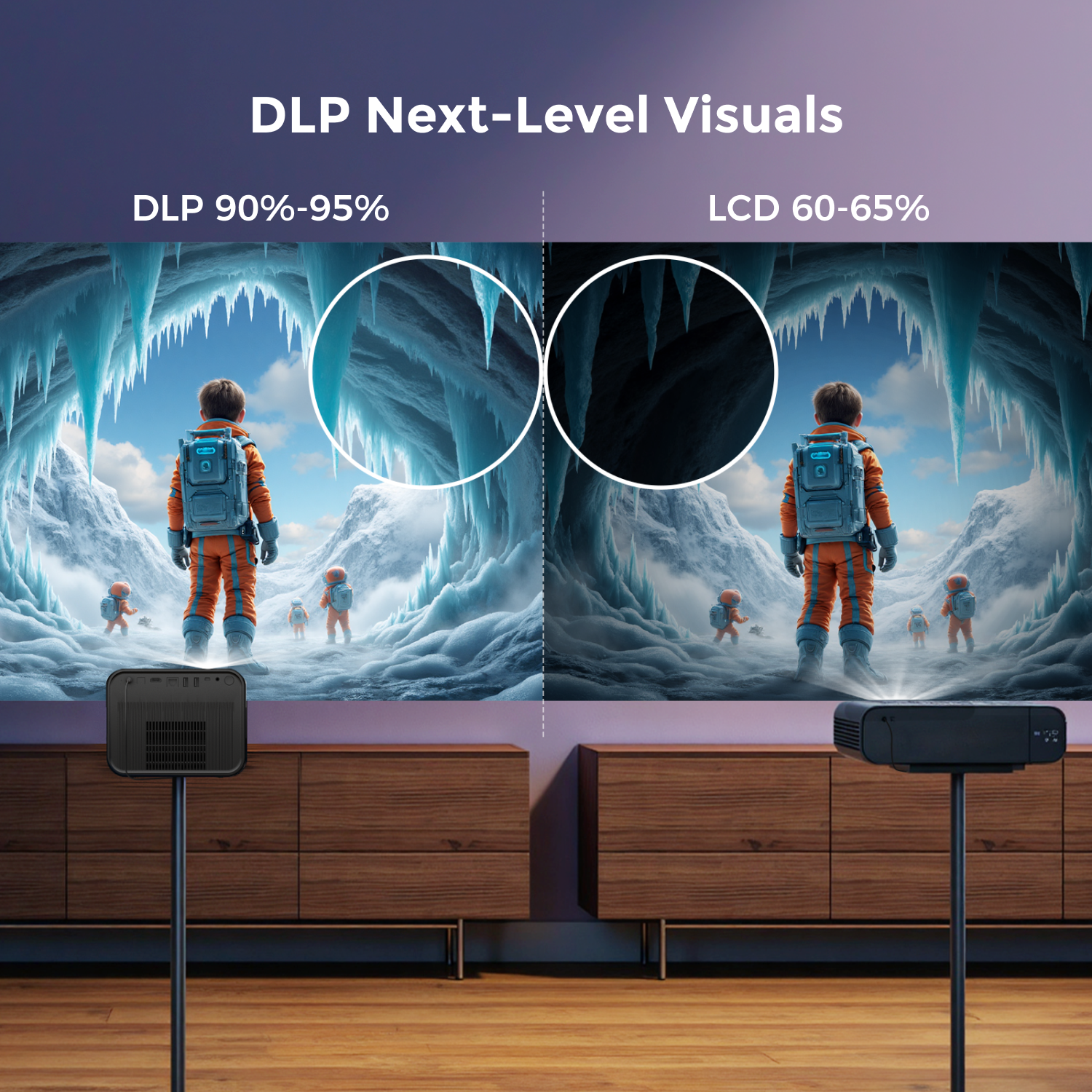 Image showing a side-by-side comparison of DLP and LCD visuals, depicting astronaut children in an icy cave setting.