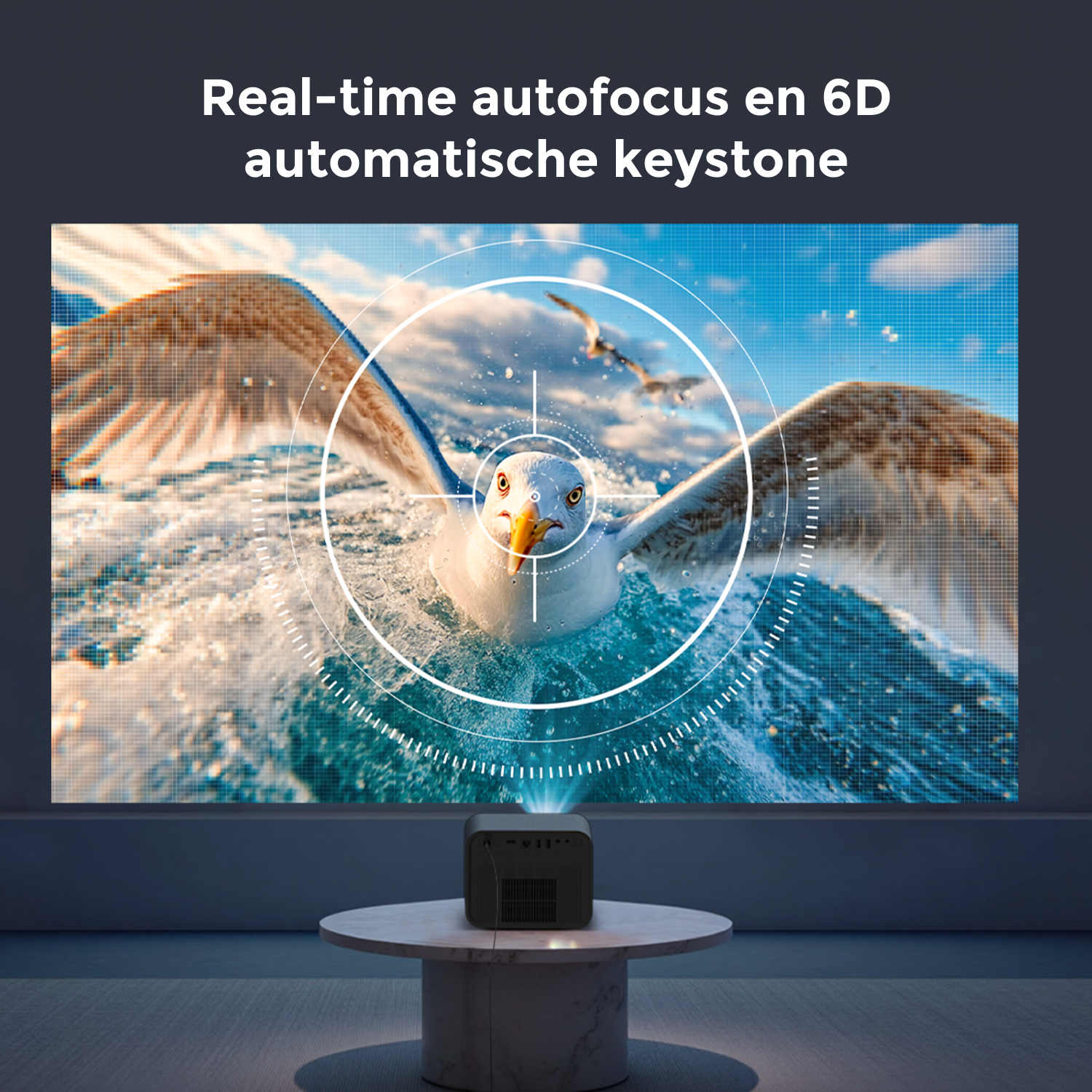 Un projecteur affiche un goéland en focus avec un réticule de visée. Le projecteur est sur une table avec du texte au-dessus : autofocus en temps réel.