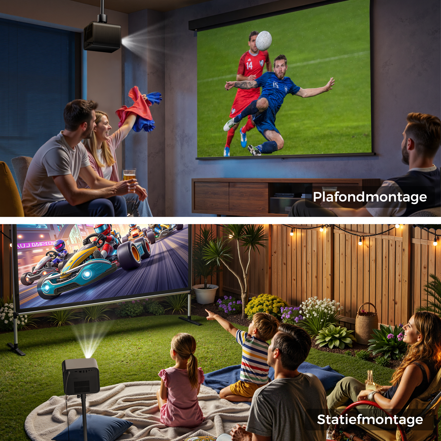 Des personnes regardent un match de foot en salle et un dessin animé en extérieur, projetés sur des écrans. Promotion projecteur.